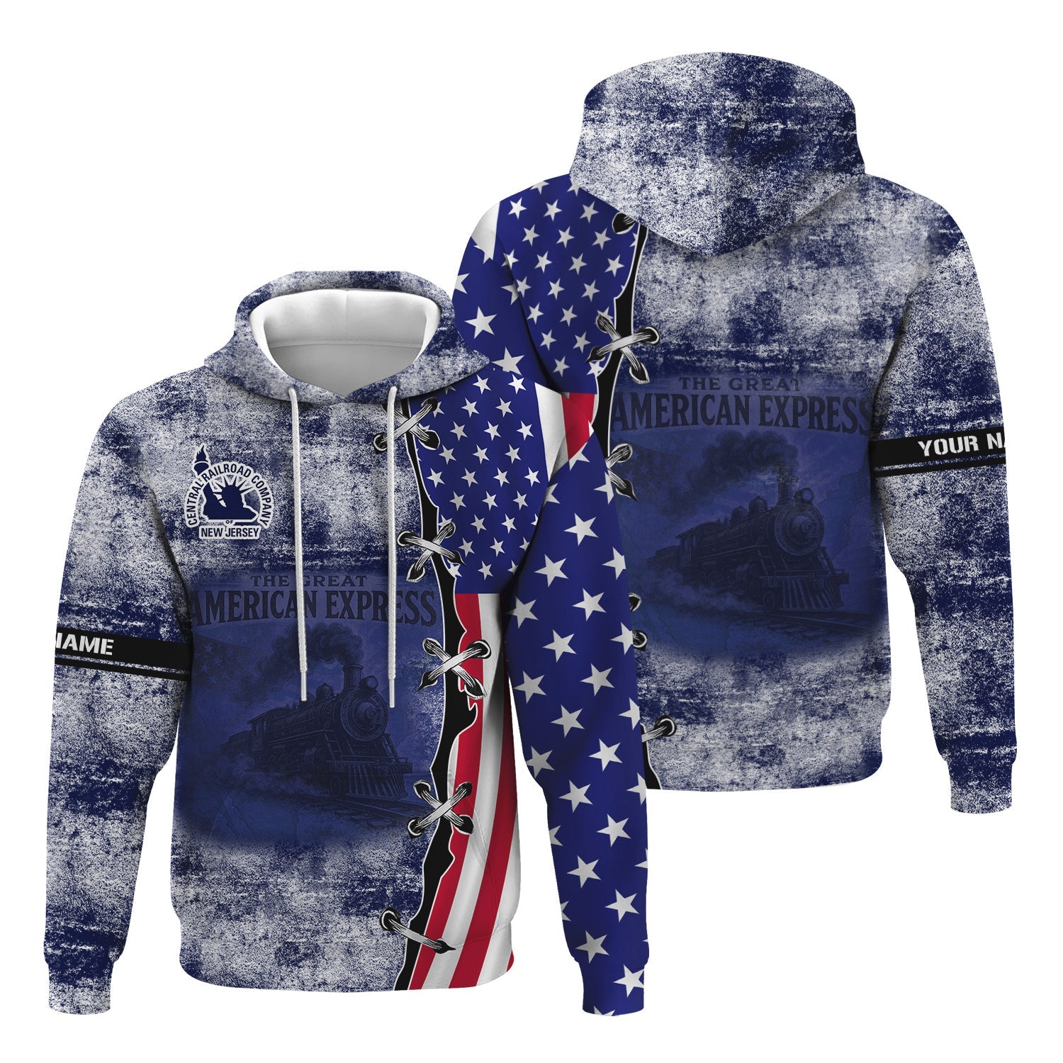 Railspirit Personalized Jersey Central Railroad Hoodie Retro American Express Train With USA Flag CNJ Zip Up Hoodie