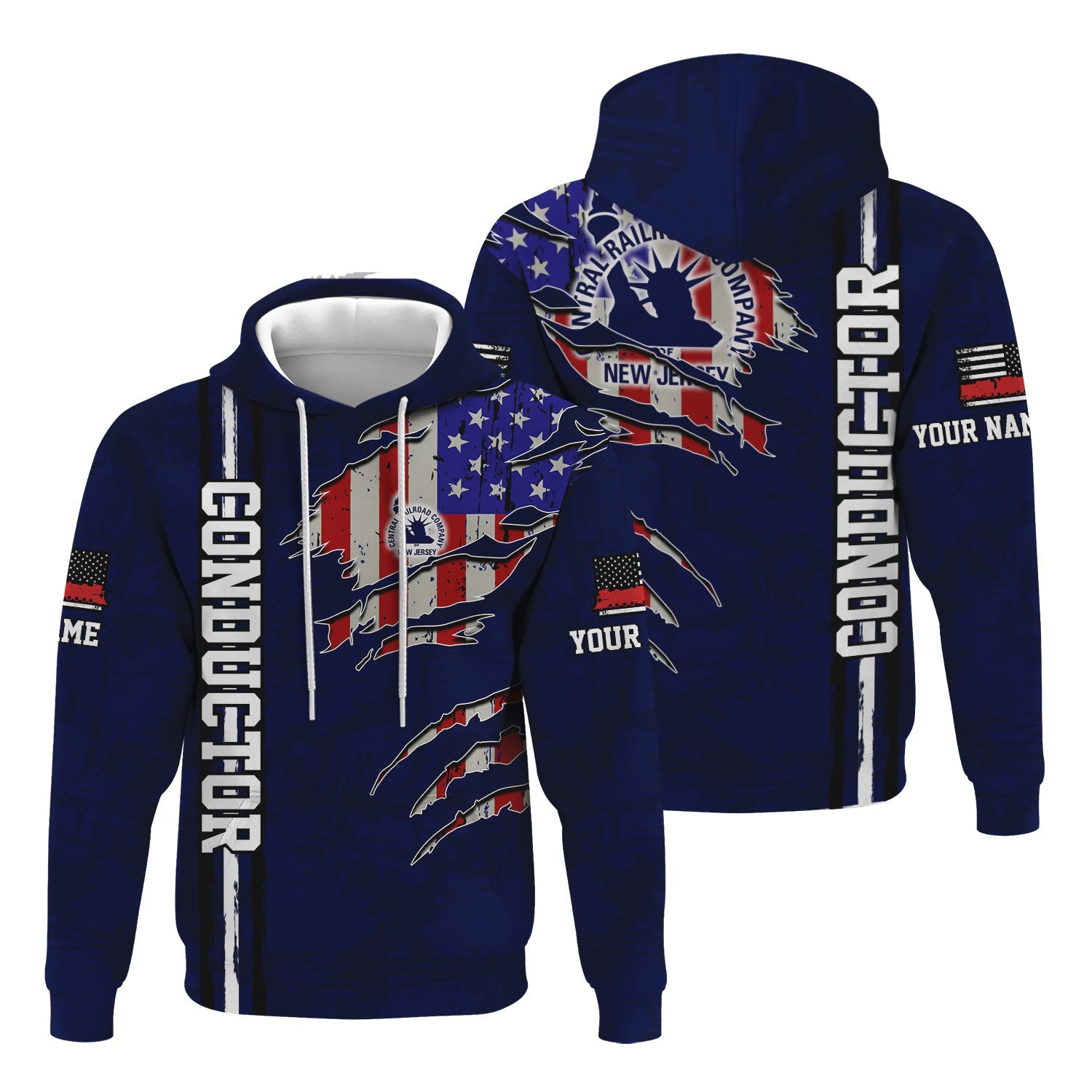 Railspirit Personalized Jersey Central Railroad Hoodie USA Flag Claw Art with Custom Job CNJ Train Zip Up Hoodie
