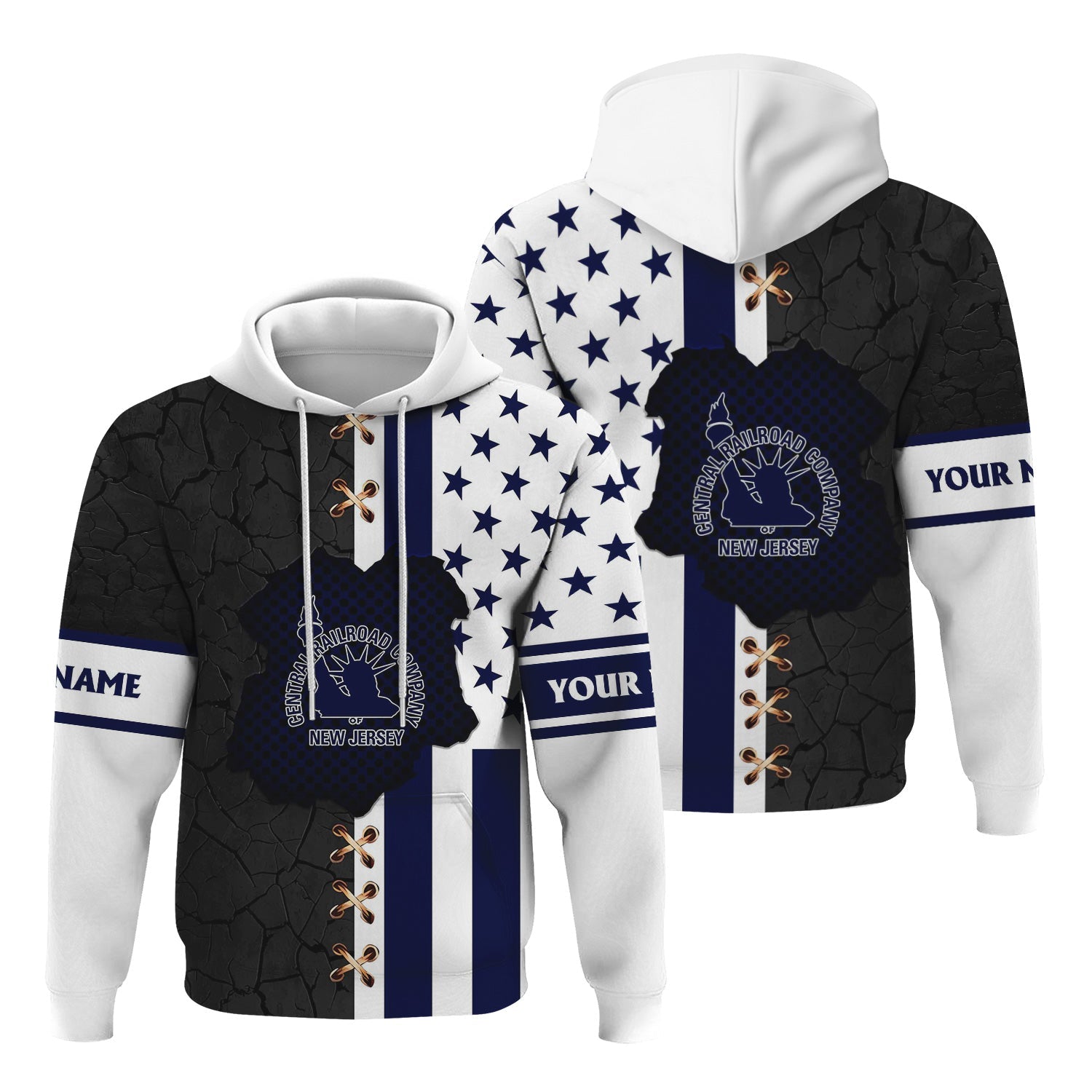 Railspirit Personalized Jersey Central Railroad Hoodie American Flag with Crack Effect CNJ Train Zip Up Hoodie