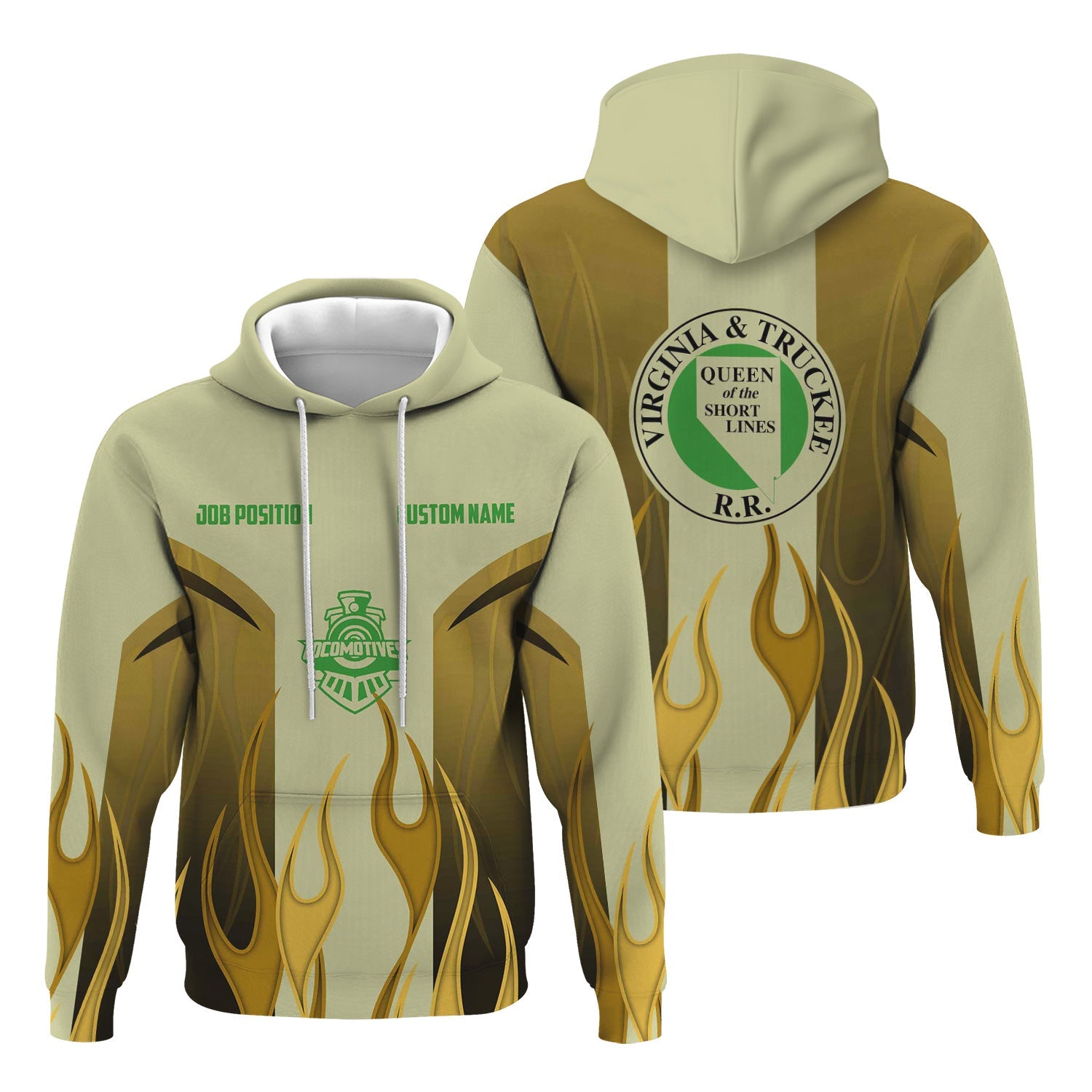 Railspirit Custom Name and Job Title Virginia & Truckee Railroad Hoodie Flame Graphic Train Zip Up Hoodie