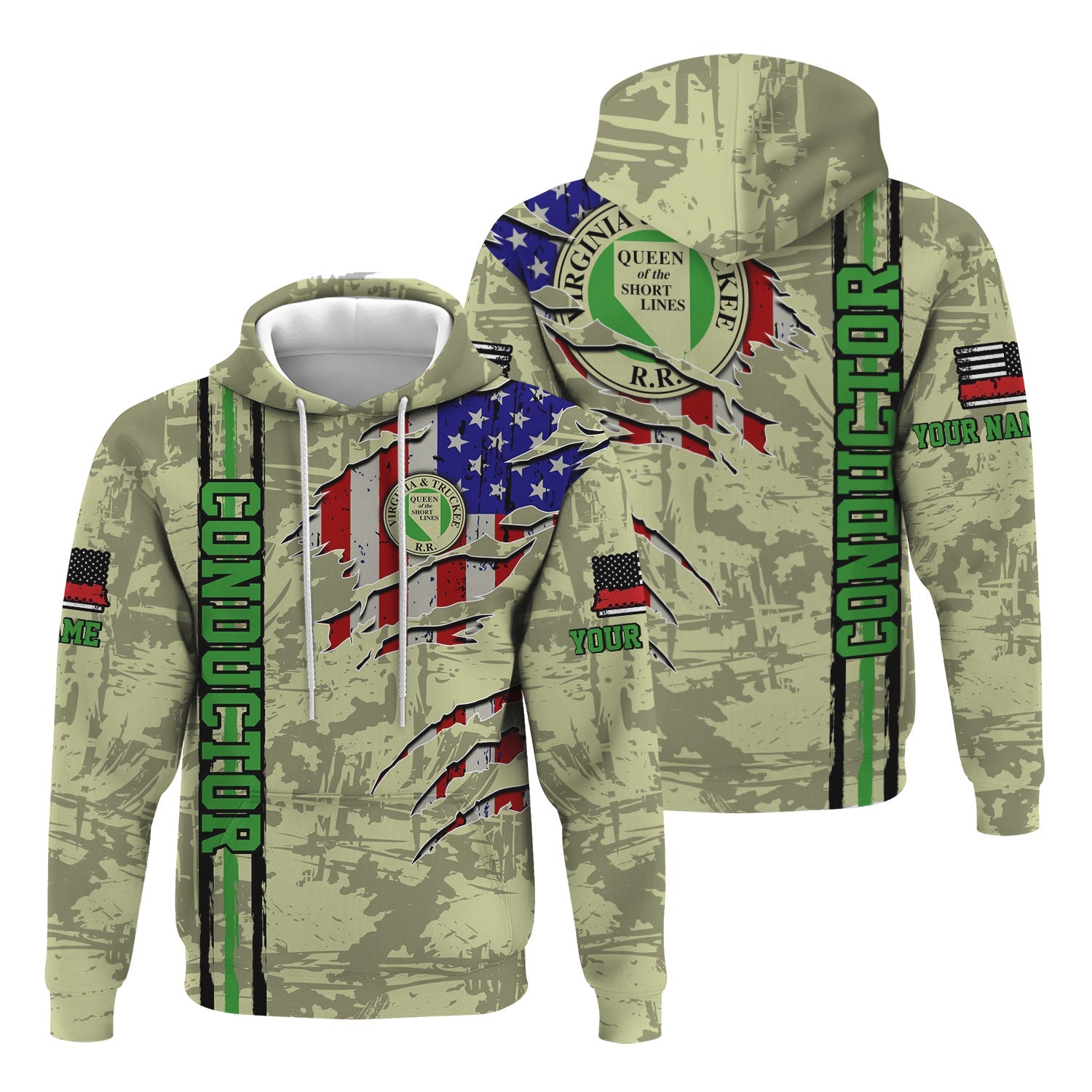Railspirit Personalized Virginia & Truckee Railroad Hoodie USA Flag Claw Art with Custom Job Train Zip Up Hoodie