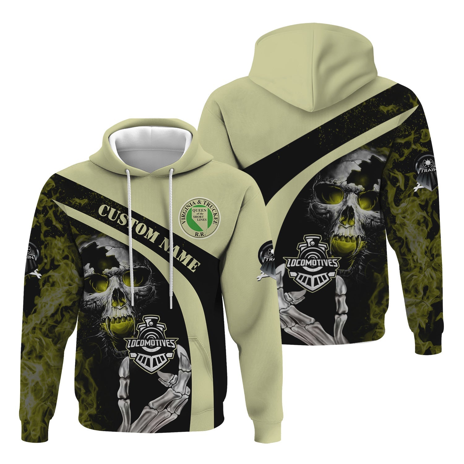 Railspirit Personalized Virginia & Truckee Railroad Hoodie Flame Skull Design Train Zip Up Hoodie for Locomotive Fans