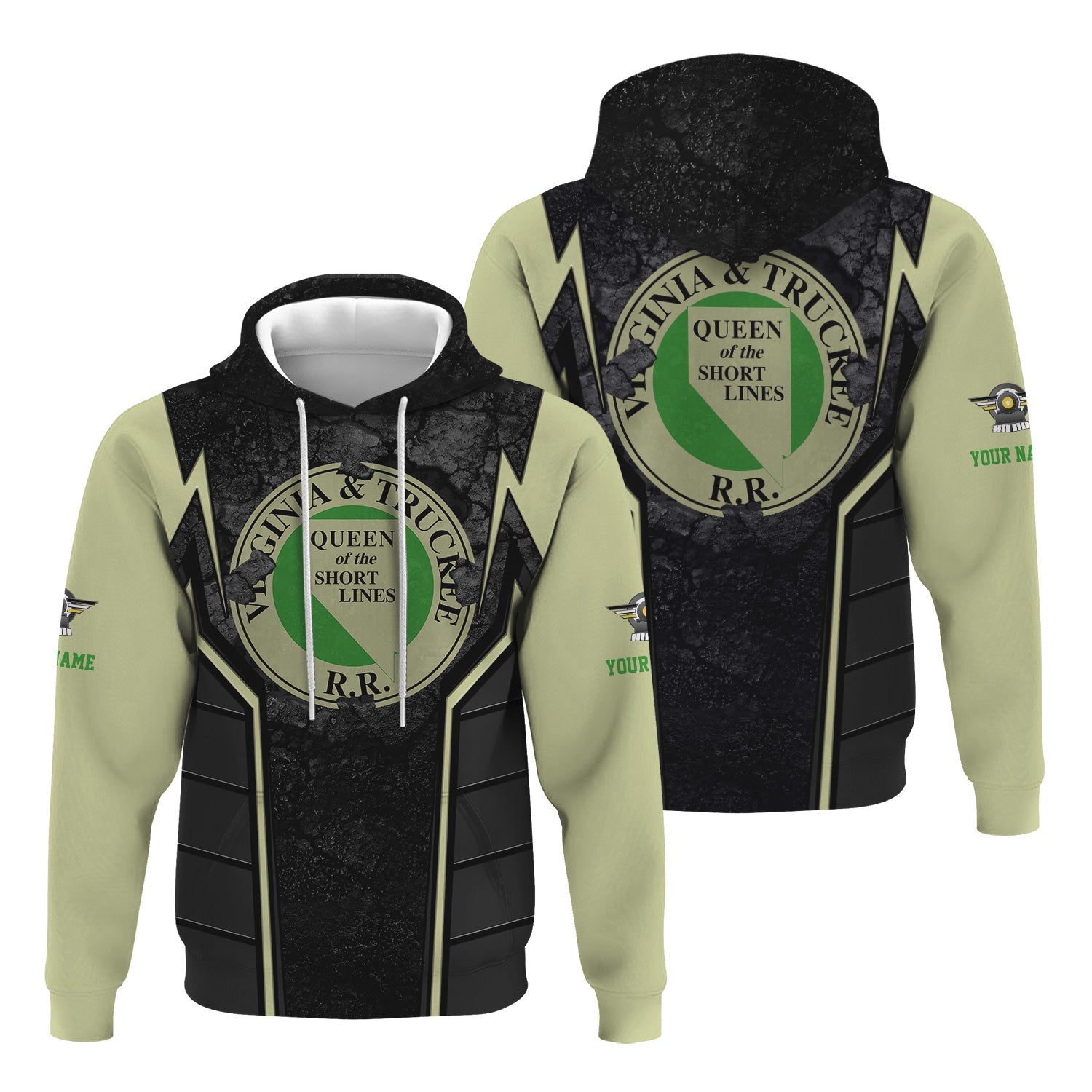 Railspirit Personalized Virginia & Truckee Railroad Hoodie Cracked Metal Design Train Zip Up Hoodie for Rail Enthusiasts