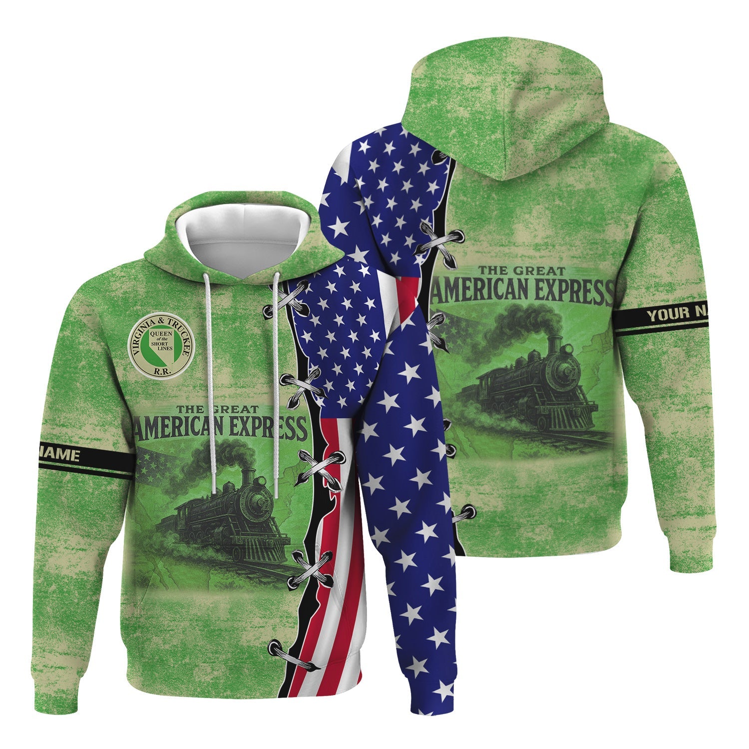 Railspirit Personalized Virginia & Truckee Railroad Hoodie Retro American Express Train With USA Flag Zip Up Hoodie