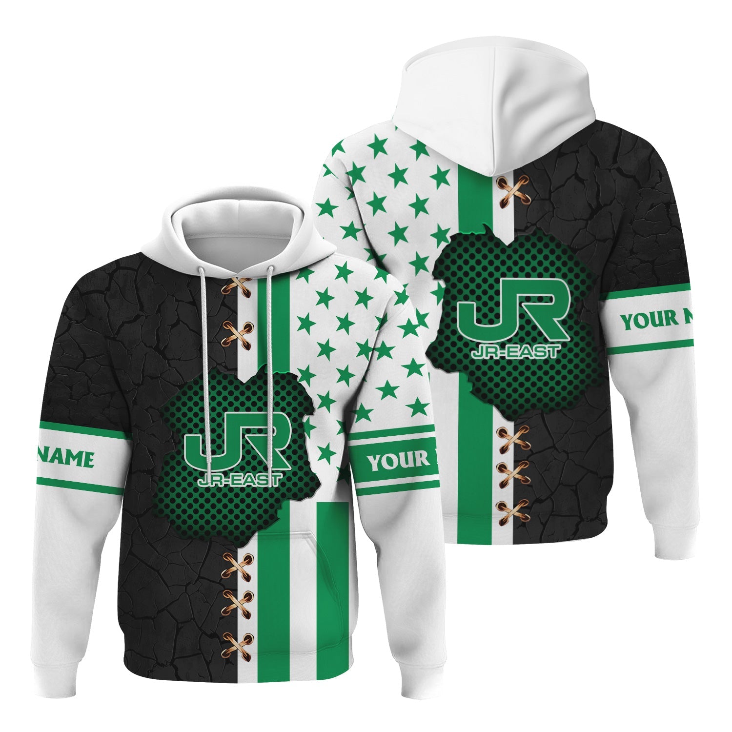 Railspirit Personalized East Japan Railway Hoodie American Flag with Crack Effect JR-EAST Train Zip Up Hoodie