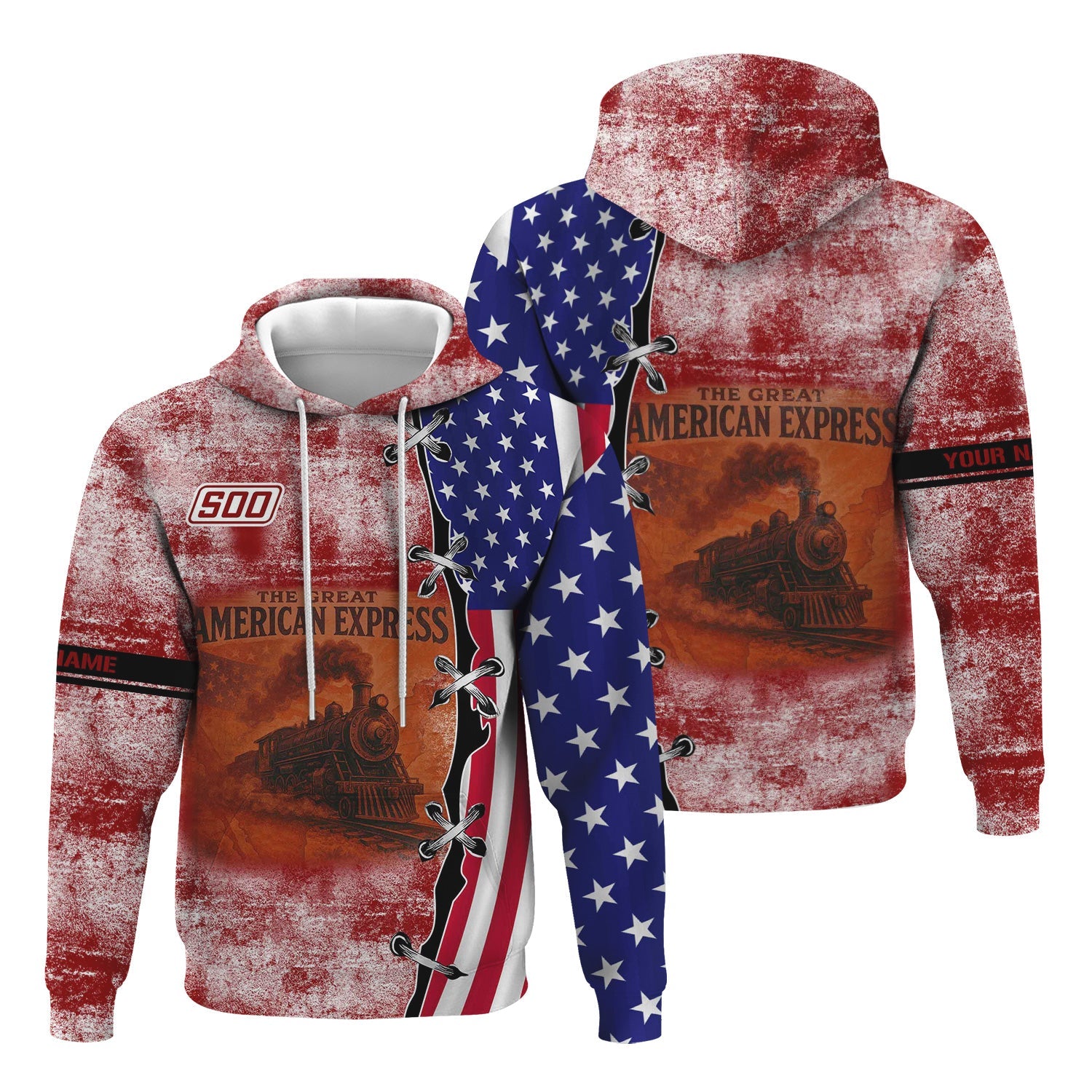 Railspirit Personalized Soo Line Railroad Hoodie Retro American Express Train With USA Flag Zip Up Hoodie