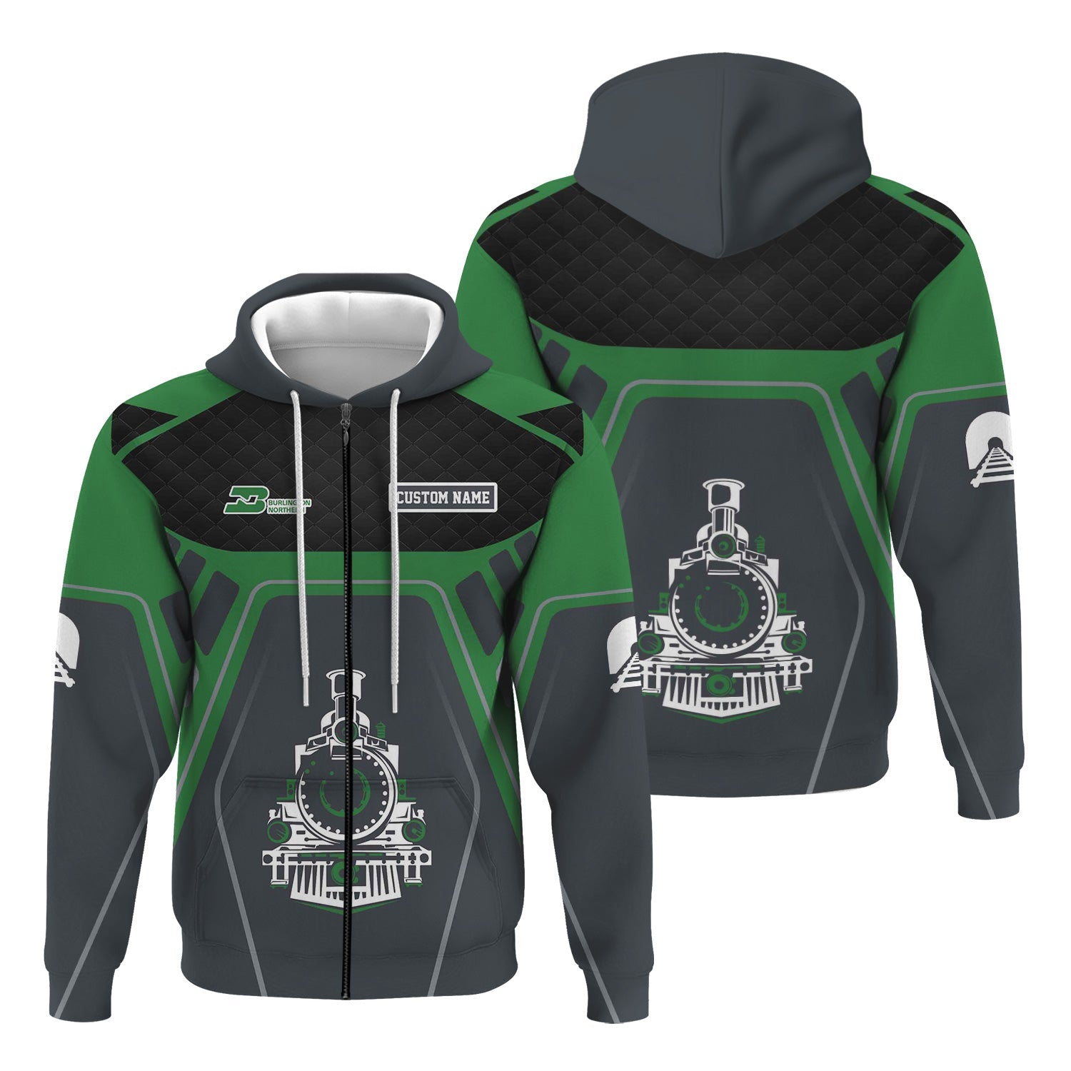 Railspirit Personalized Burlington Northern Railroad Hoodie Steam Locomotive Engine Graphic Train Zip Up Hoodie All Over Print