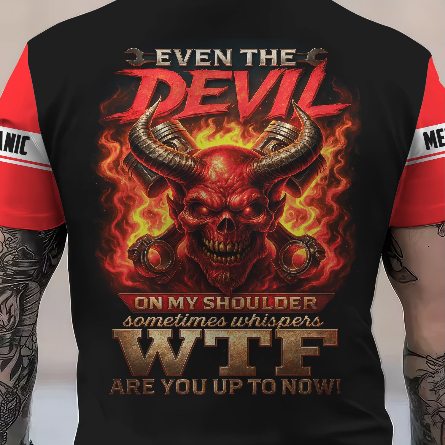 Personalized Mechanic Shirt, Even The Devil On My Shoulder Sometimes Whispers WTF Are You Up To Now, Mechanic Uniforms, Gift For Men