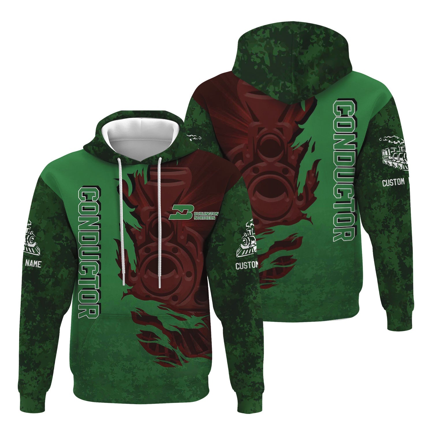 Railspirit Personalized Burlington Northern Railroad Hoodie Blazing Style with Custom Position Train Zip Up Hoodie