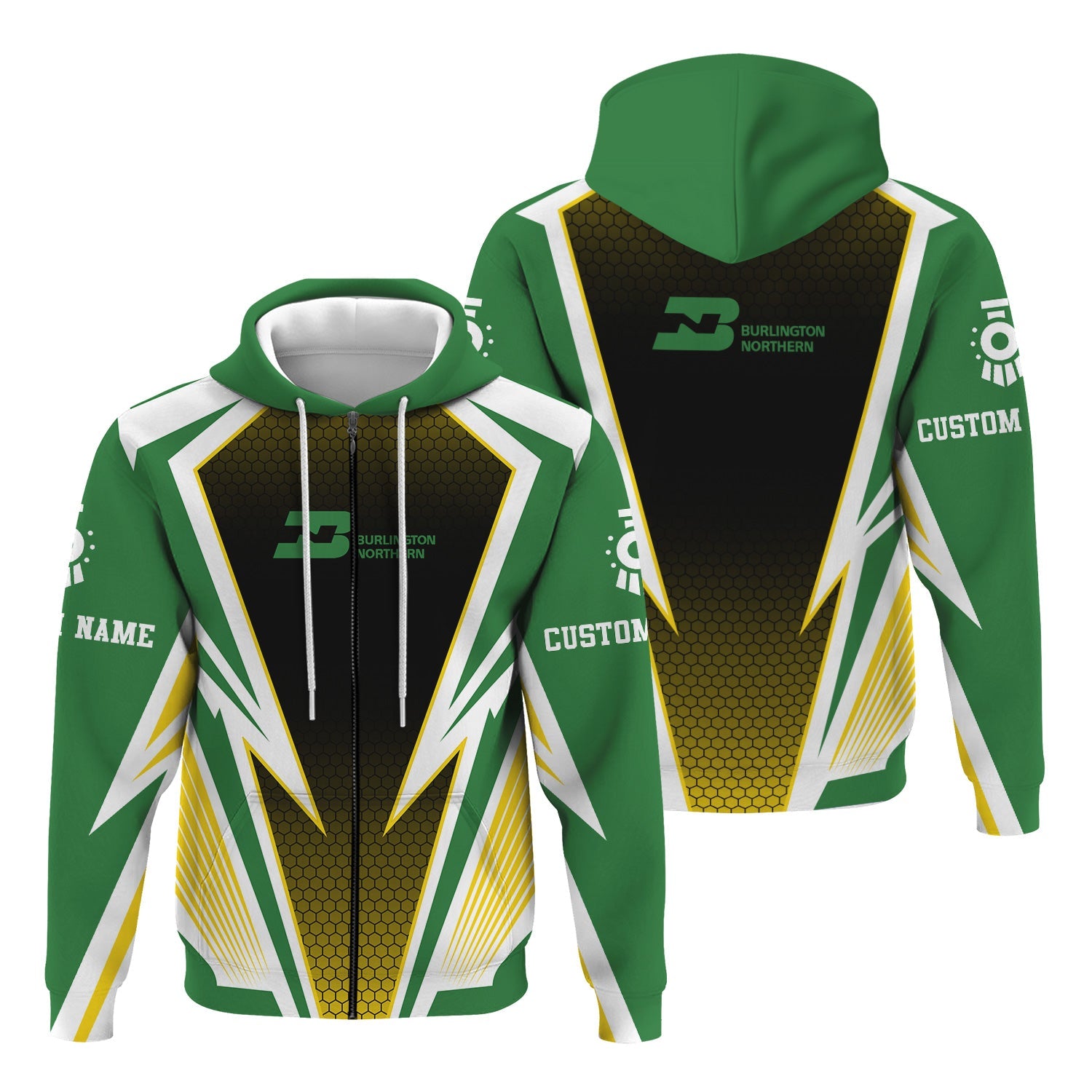 Railspirit Personalized Burlington Northern Railroad Hoodie Lightning Graphic Style Zip Up Hoodie Gift Idea For Train Lover