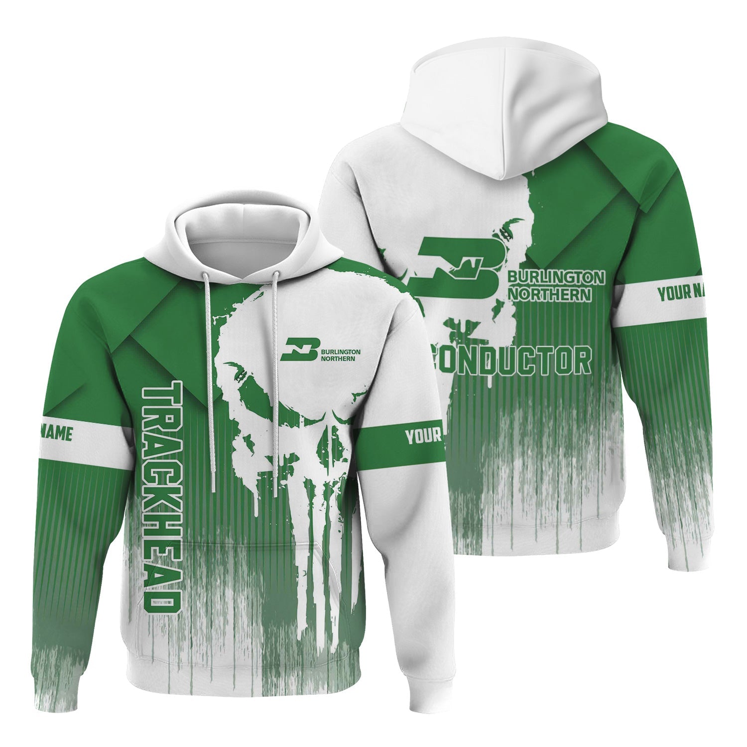 Railspirit Personalized Burlington Northern Railroad Hoodie Skull Design with Custom Job Train Zip Up Hoodie for Trackhead Crew