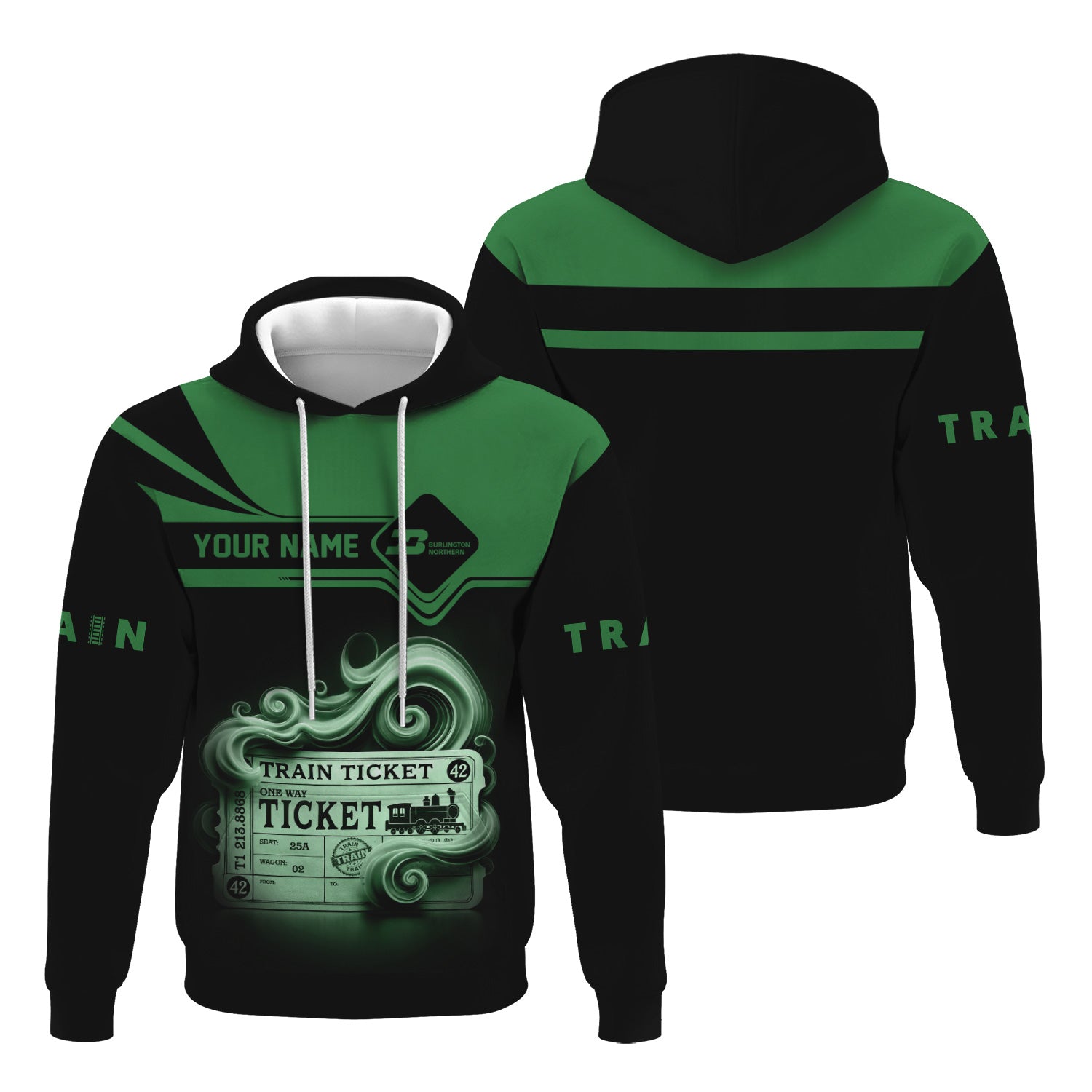 Railspirit Custom Name Burlington Northern Railroad Hoodie American Train Ticket Printed Zip Hoodie