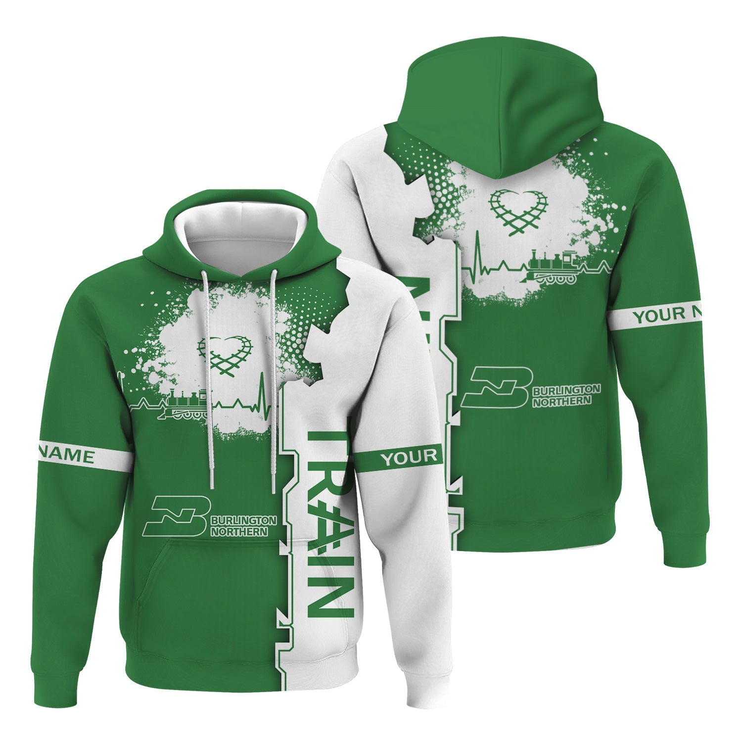 Railspirit Personalized Burlington Northern Railroad Hoodie Engine Heartbeat and Track Love Style Zip Up Hoodie Gift Idea For Train Lovers