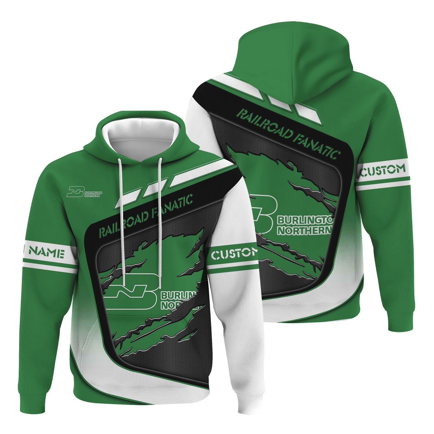 Railspirit Personalized Burlington Northern Railroad Hoodie Ripped Texture Style Train Zip Up Hoodie For Railroad Fanatic