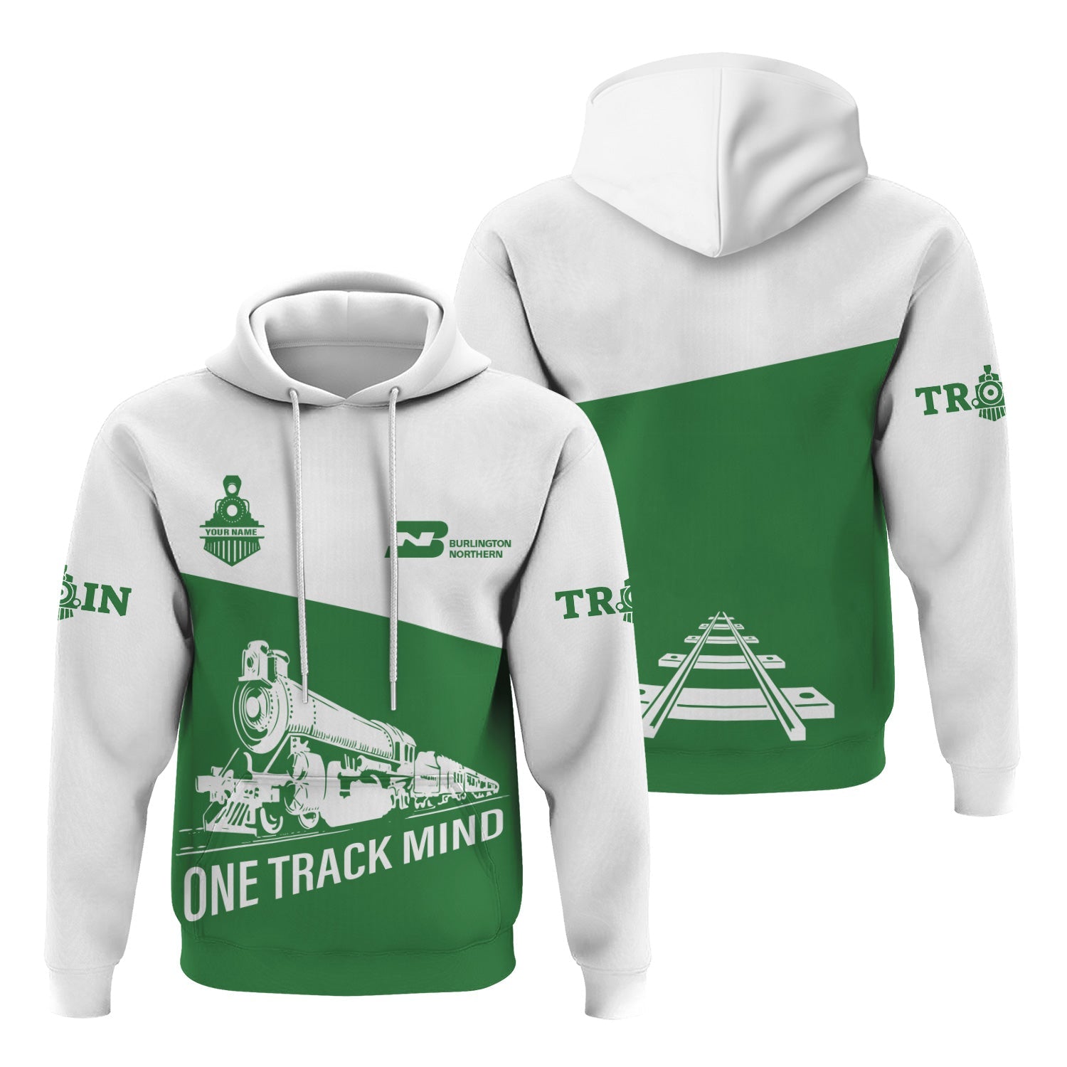 Railspirit Custom Name Burlington Northern Railroad Hoodie One Track Mind Printed Zip Hoodie