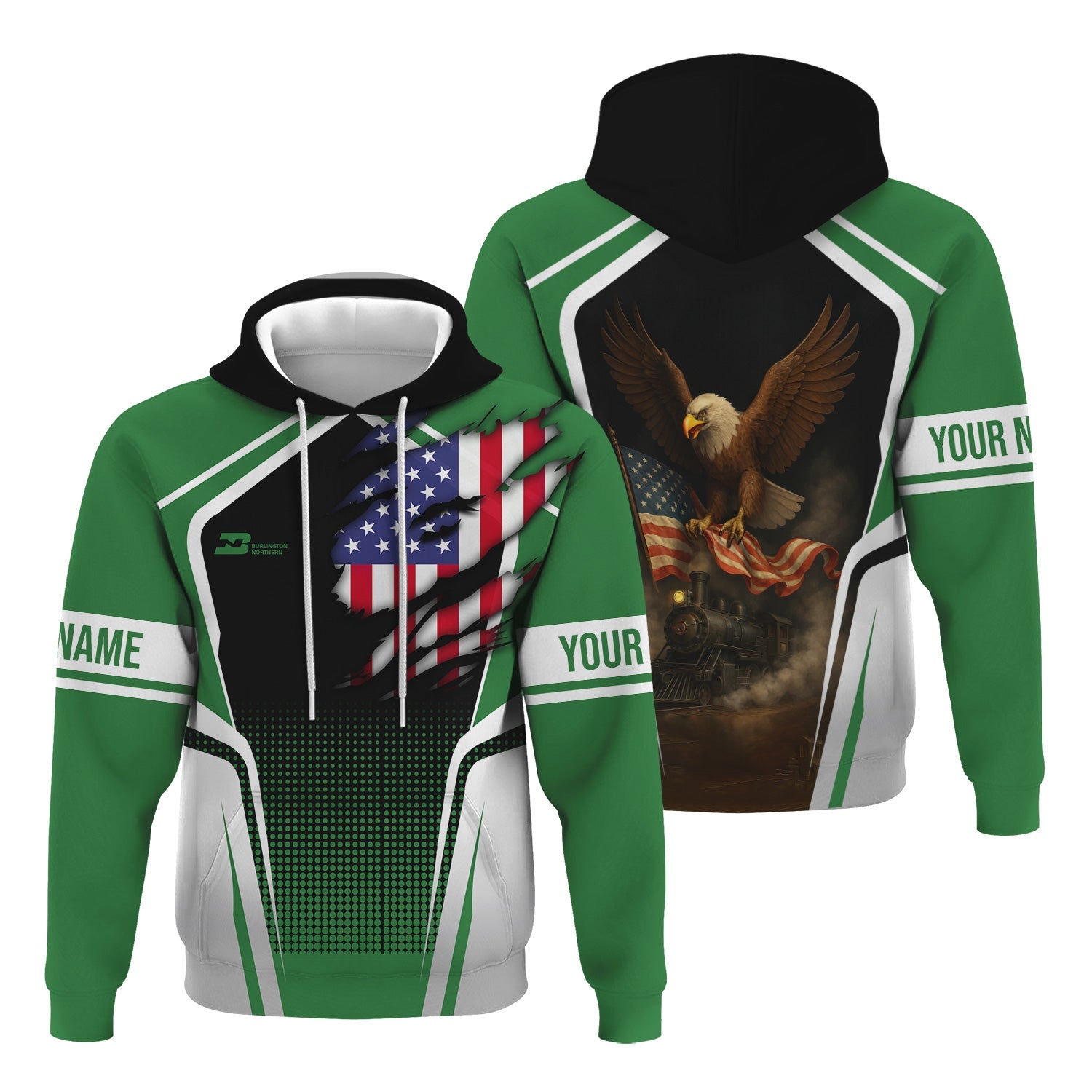 Railspirit Personalized Burlington Northern Railroad Hoodie American Eagle Vintage Train Zip Up Hoodie