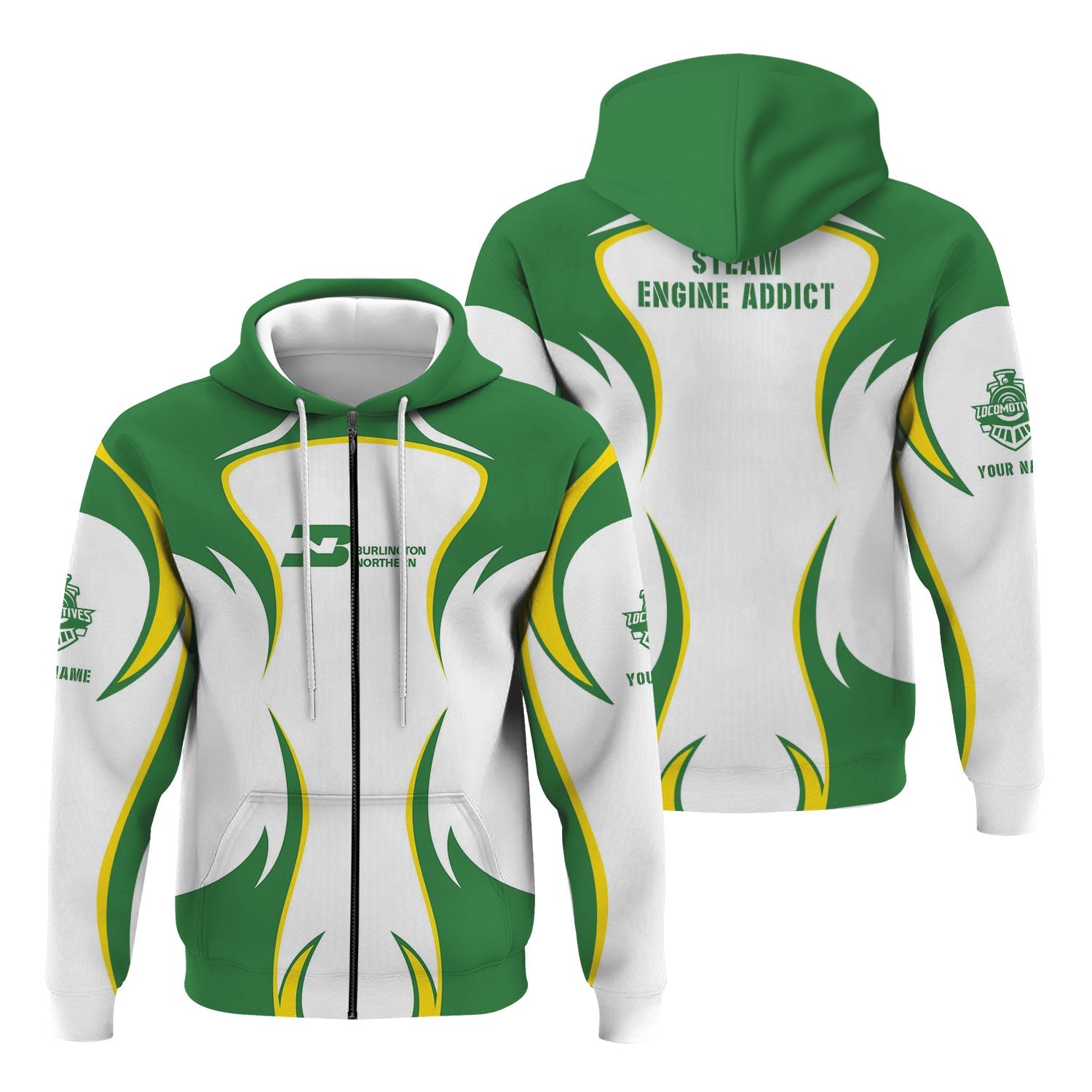 Railspirit Personalized Burlington Northern Railroad Hoodie Distinctive Flame Style Zip Up Hoodie For Steam Engine Addict