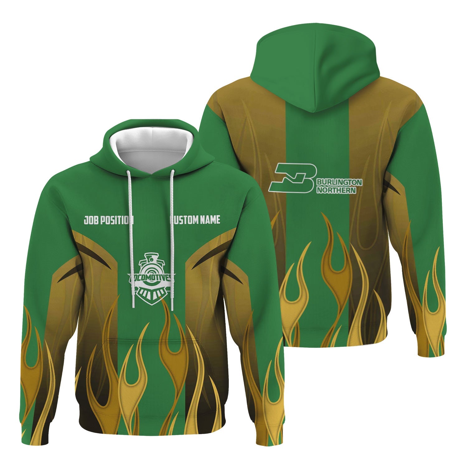 Railspirit Custom Name and Job Title Burlington Northern Railroad Hoodie Flame Graphic Train Zip Up Hoodie