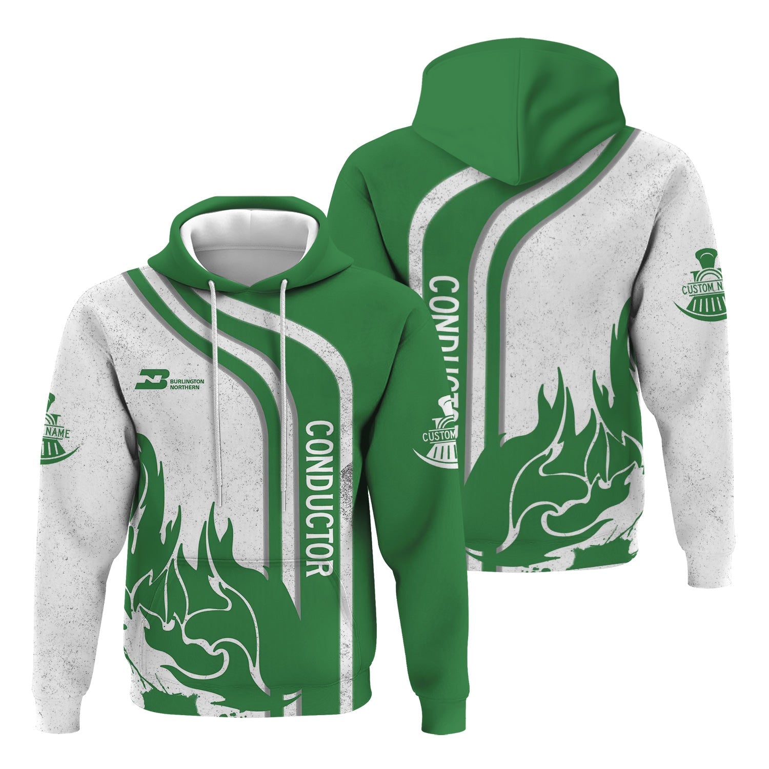 Railspirit Personalized Burlington Northern Railroad Hoodie Flame Design with Custom Job Position Train Zip Up Hoodie