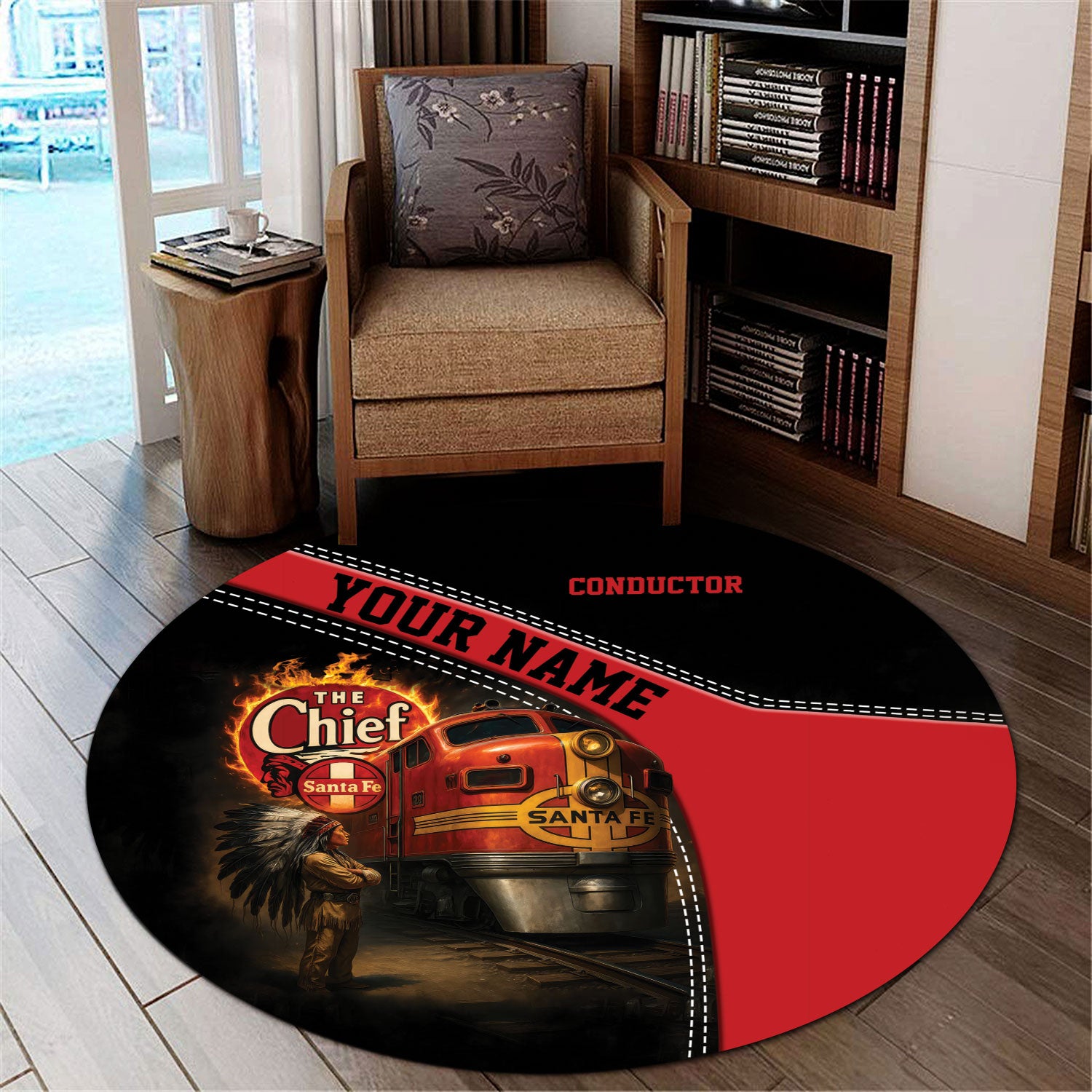 Railspirit Personalized The Chief Santa Fe Railroad Rug with Custom Job Position Train Round Mat Home Decor