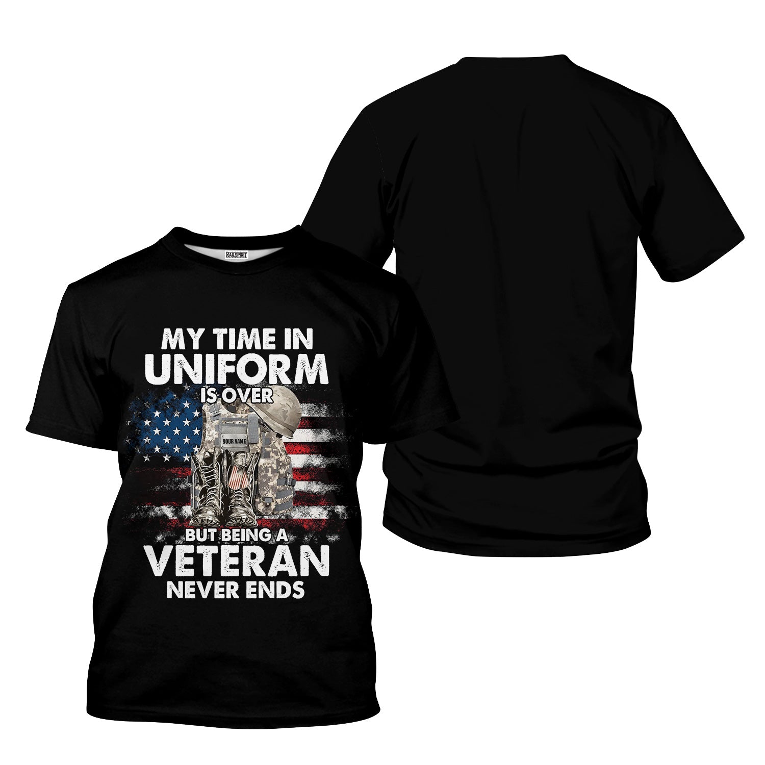 Custom Name My Time In Uniform Is Over But Being A Veteran Never Ends T-Shirt, Patriotic American Flag Veteran Shirt Gift For Men, Military Tee
