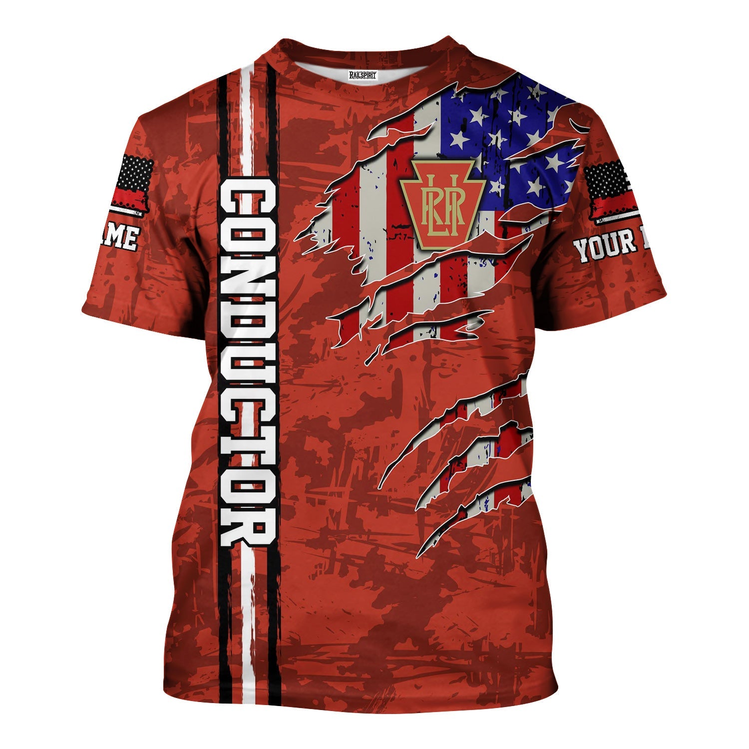 Railspirit Personalized Long Island Railroad T-Shirt USA Flag Claw Art with Custom Job Train Shirt