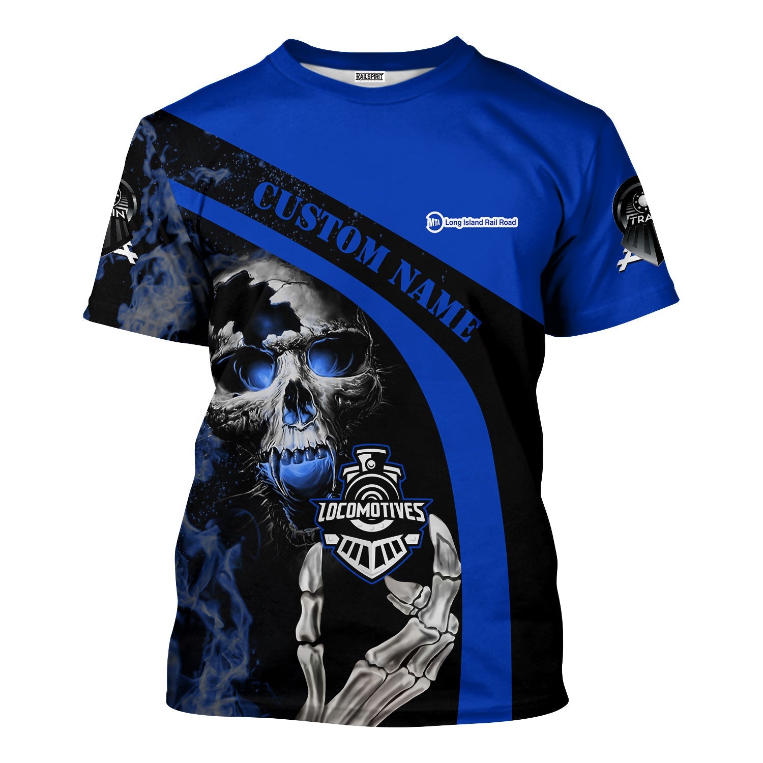 Railspirit Personalized Long Island Railroad T-Shirt Flame Skull Design Train Shirt for Locomotive Fans