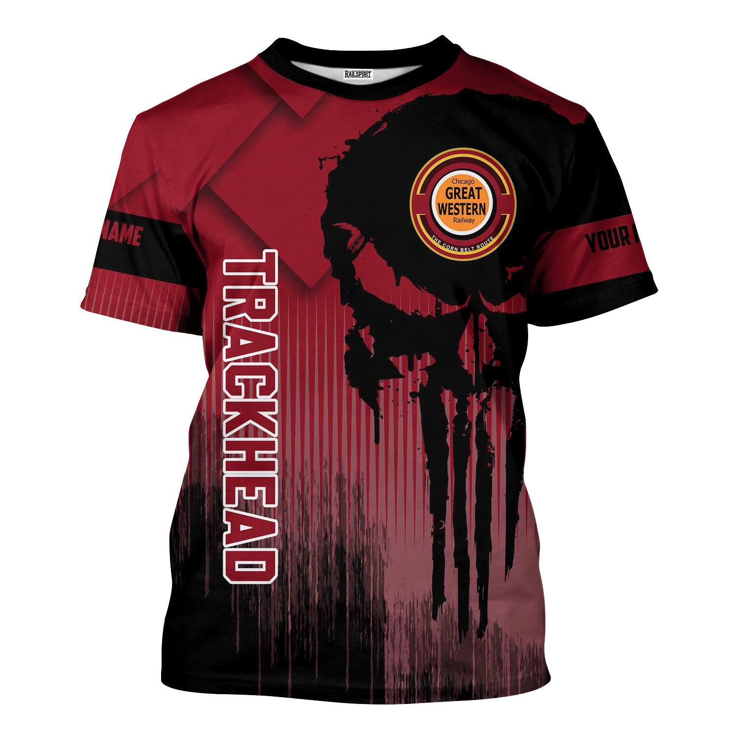 Railspirit Personalized Chicago Great Western Railroad T-Shirt Skull Design with Custom Job Train Shirt for Trackhead Crew