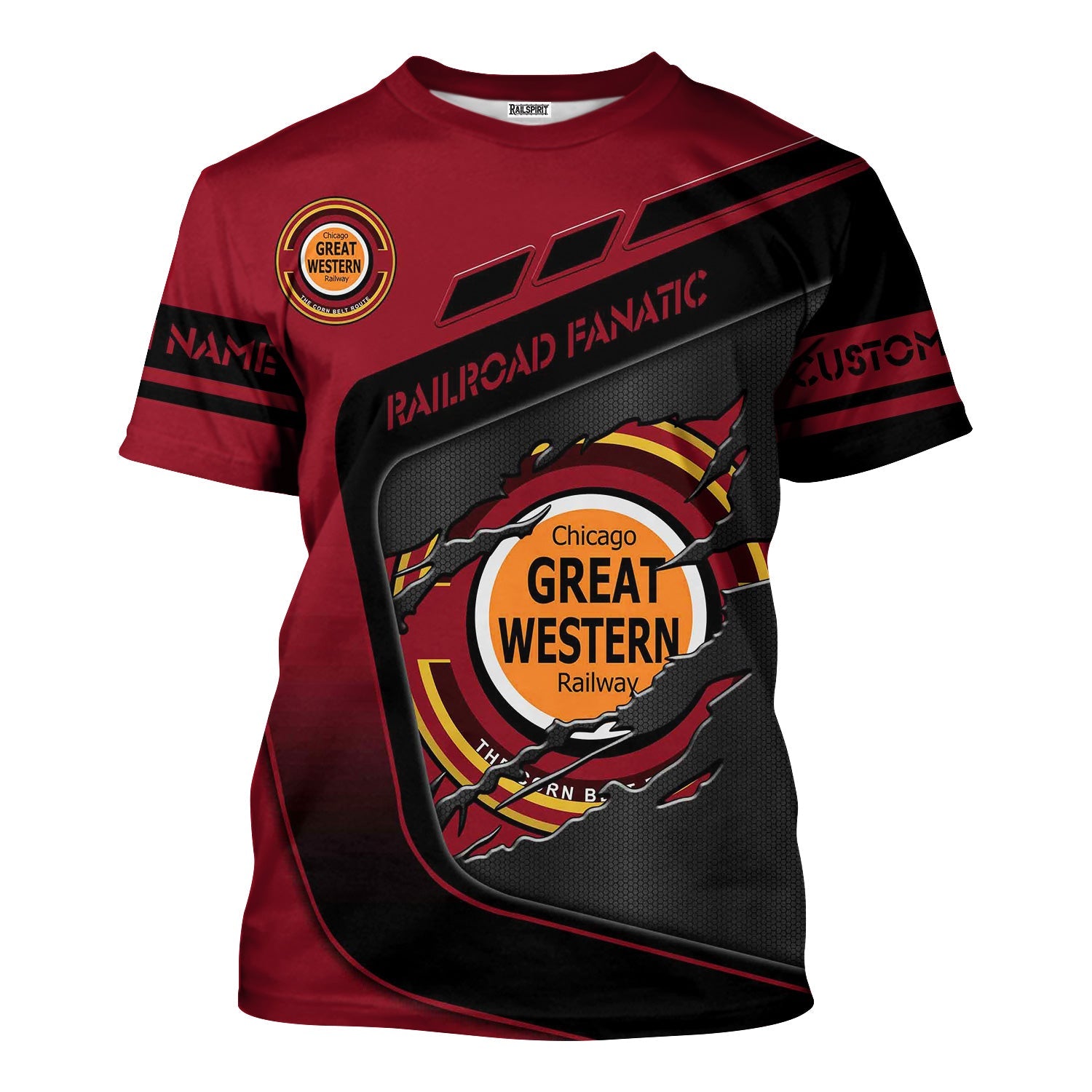 Railspirit Personalized Chicago Great Western Railroad T-Shirt Ripped Texture Style Train Shirt For Railroad Fanatic