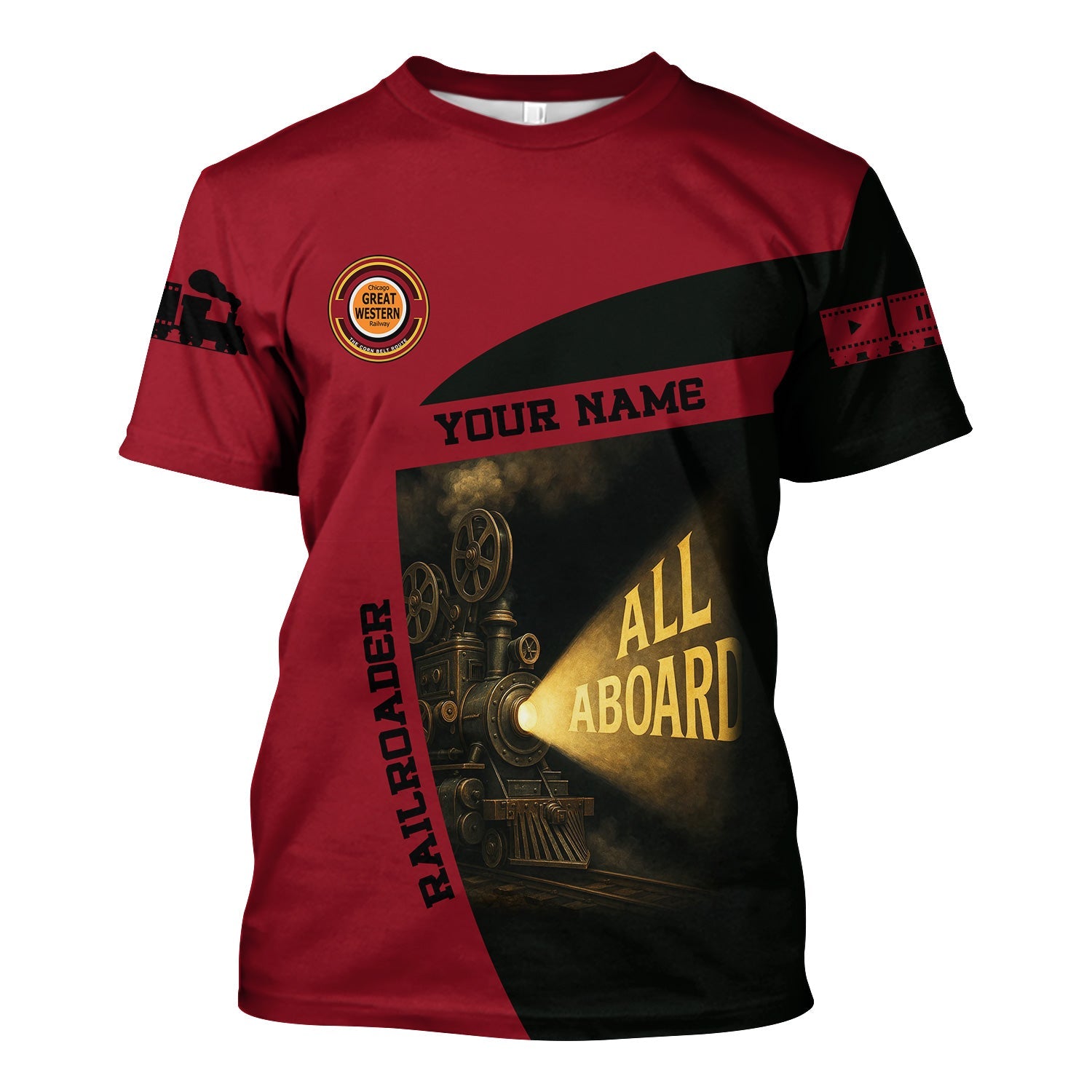 Railspirit Personalized Chicago Great Western Railroad T-Shirt All Aboard Steam Train Movie Projector Style Shirt