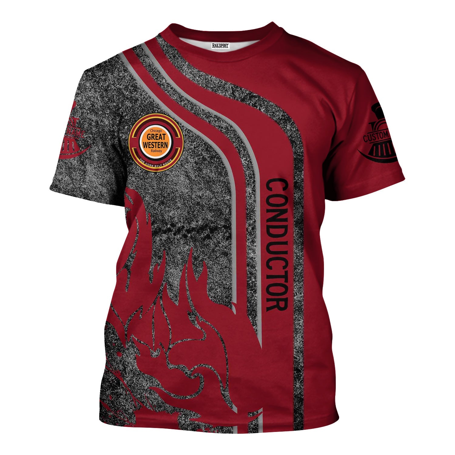 Railspirit Personalized Chicago Great Western Railroad T-Shirt Flame Design with Custom Job Position Train Shirt