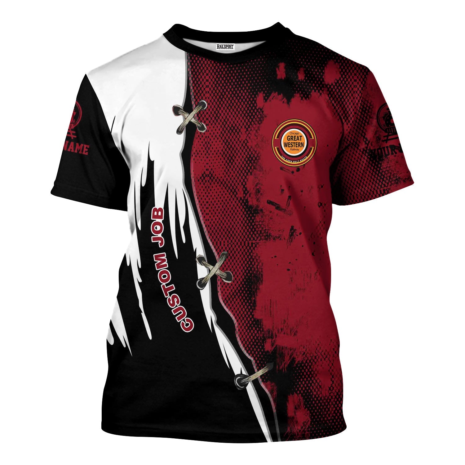 Railspirit Personalized Chicago Great Western Railroad T-Shirt Retro Stitches Design with Custom Position Train Shirt