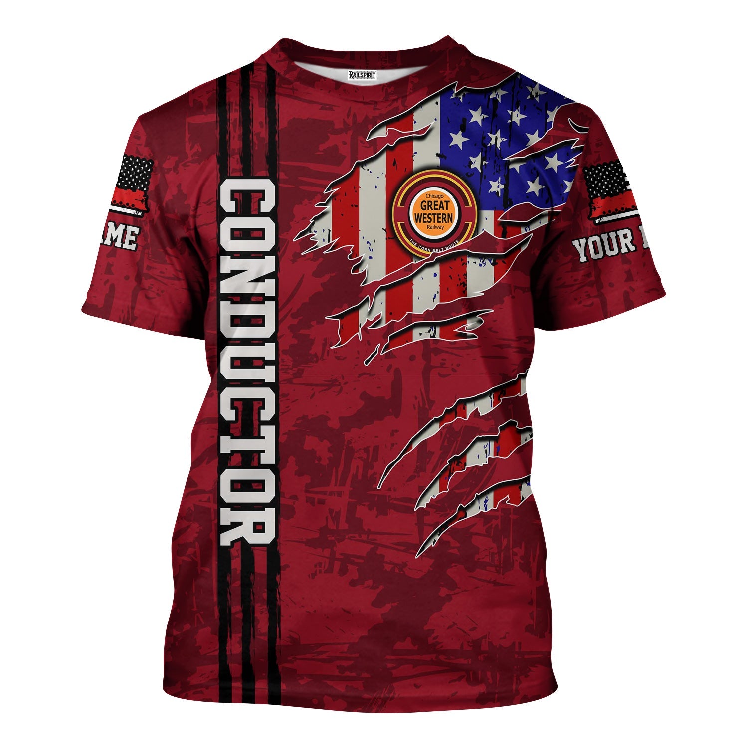 Railspirit Personalized Chicago Great Western Railroad T-Shirt USA Flag Claw Art with Custom Job Train Shirt