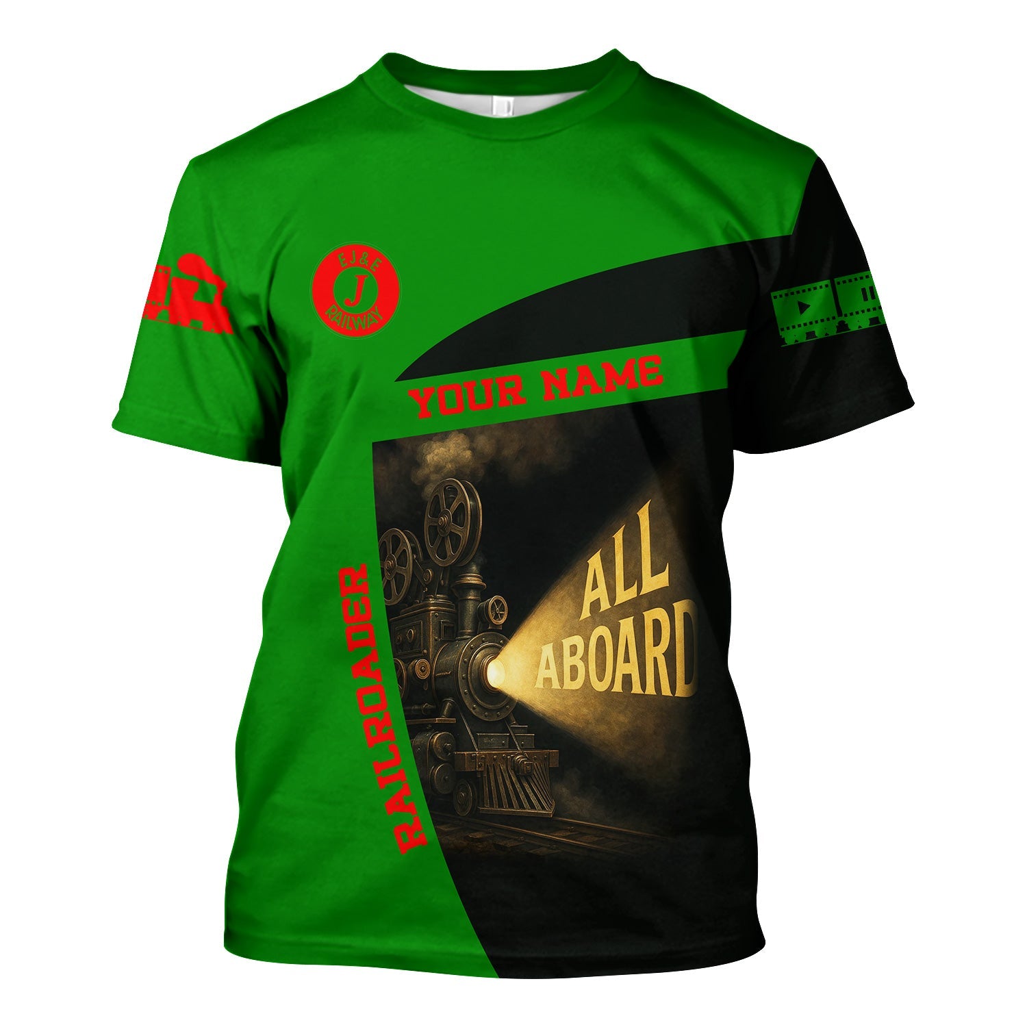 Railspirit Personalized Elgin Joliet And Eastern Railroad T-Shirt All Aboard Steam Train Movie Projector Style Shirt