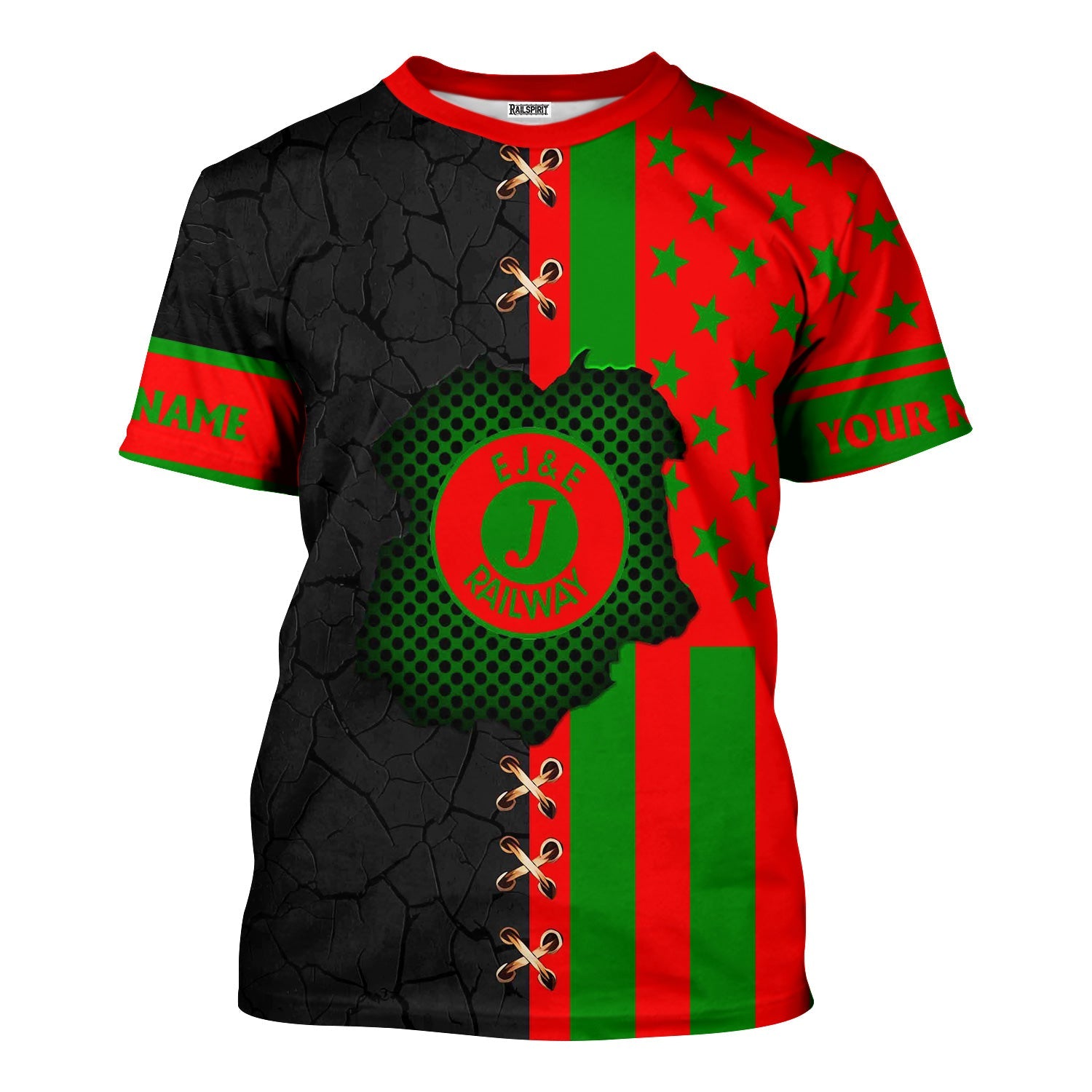 Railspirit Personalized Elgin Joliet And Eastern Railroad T-Shirt American Flag with Crack Effect Train Shirt