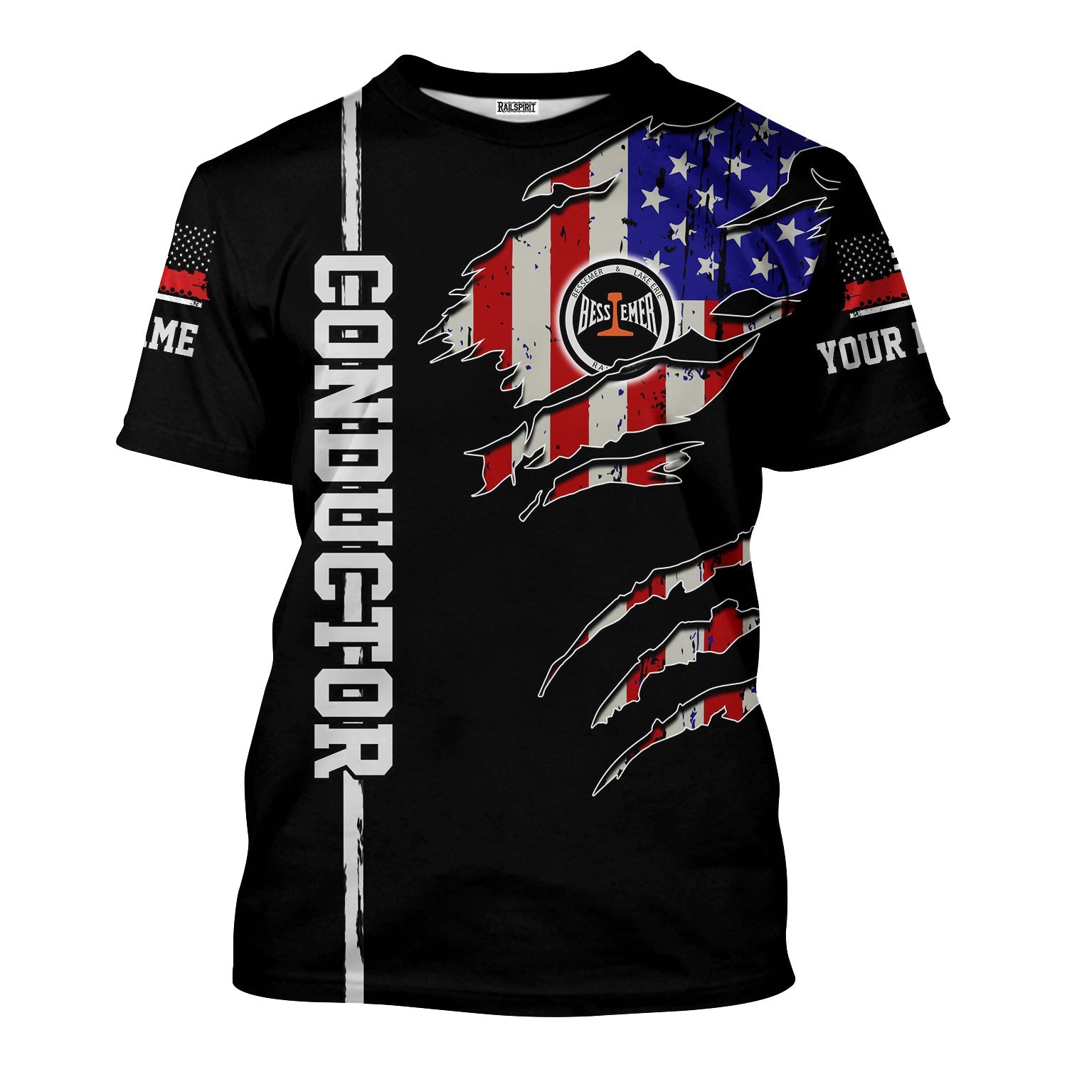 Railspirit Personalized Bessemer And Lake Erie Railroad T-Shirt USA Flag Claw Art with Custom Job Train Shirt