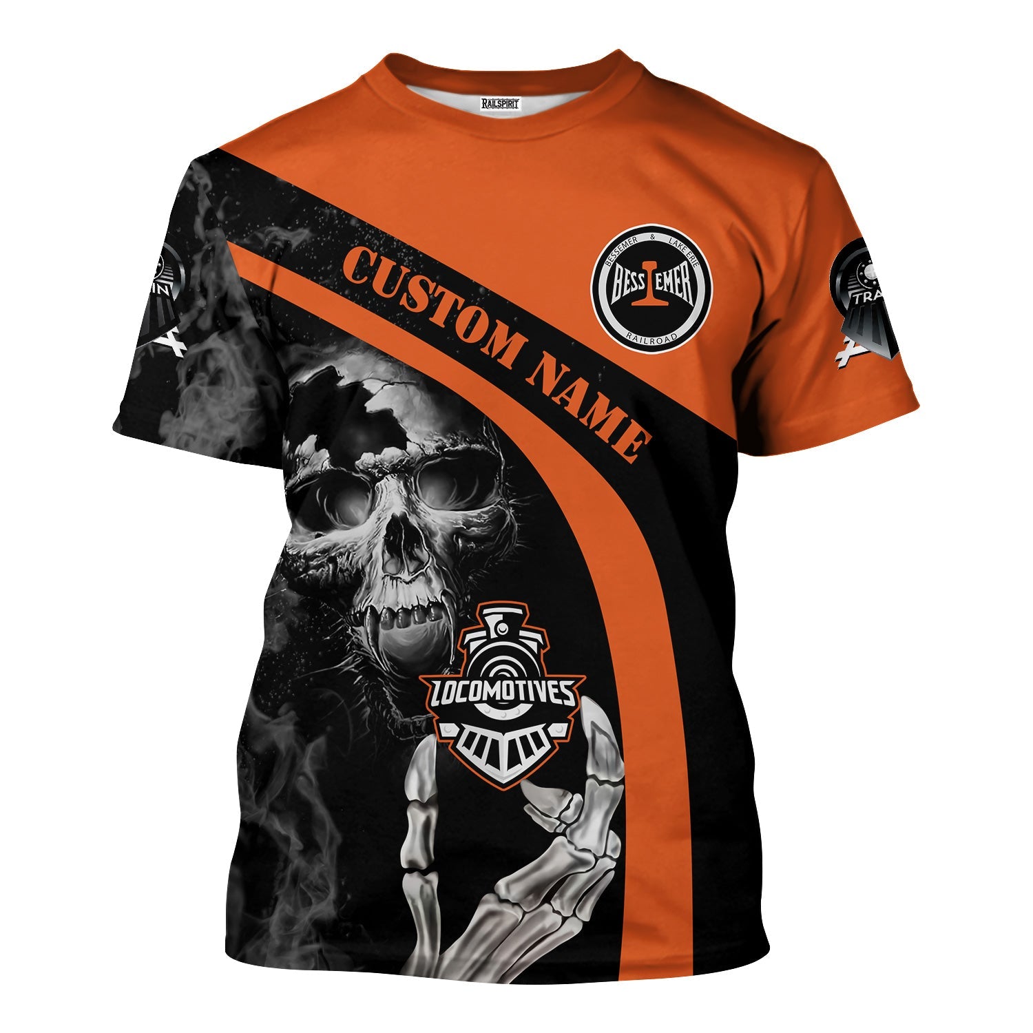 Railspirit Personalized Bessemer And Lake Erie Railroad T-Shirt Flame Skull Design Train Shirt for Locomotive Fans