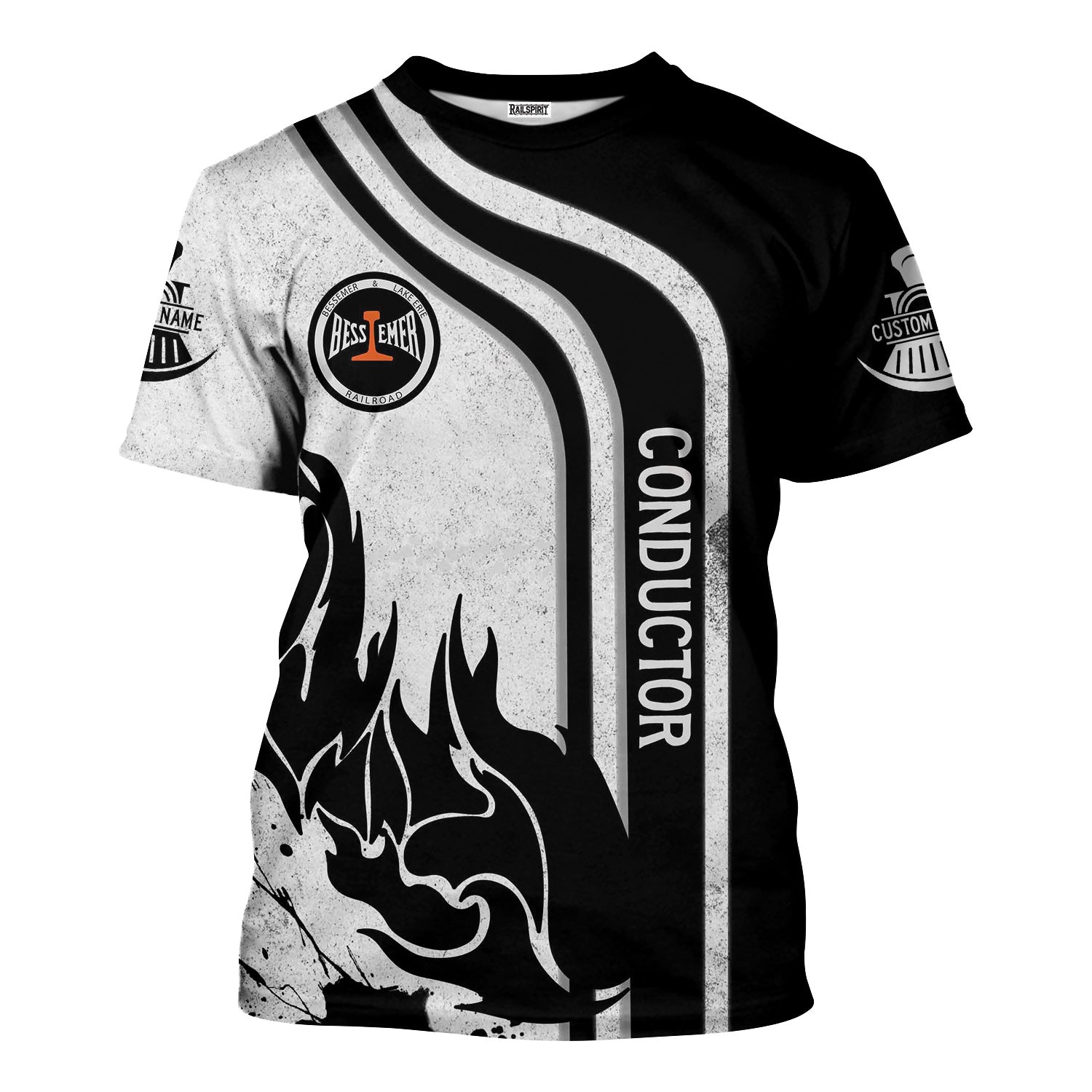 Railspirit Personalized Bessemer And Lake Erie Railroad T-Shirt Flame Design with Custom Job Position Train Shirt