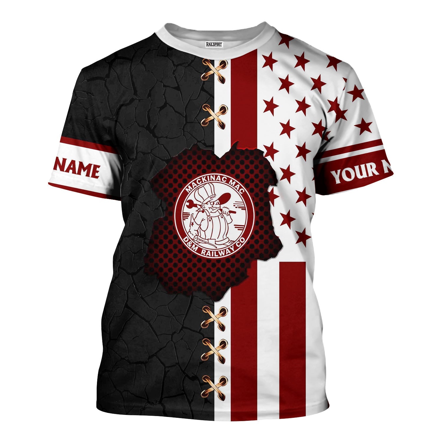 Railspirit Personalized Detroit & Mackinac Railroad T-Shirt American Flag with Crack Effect Train Shirt