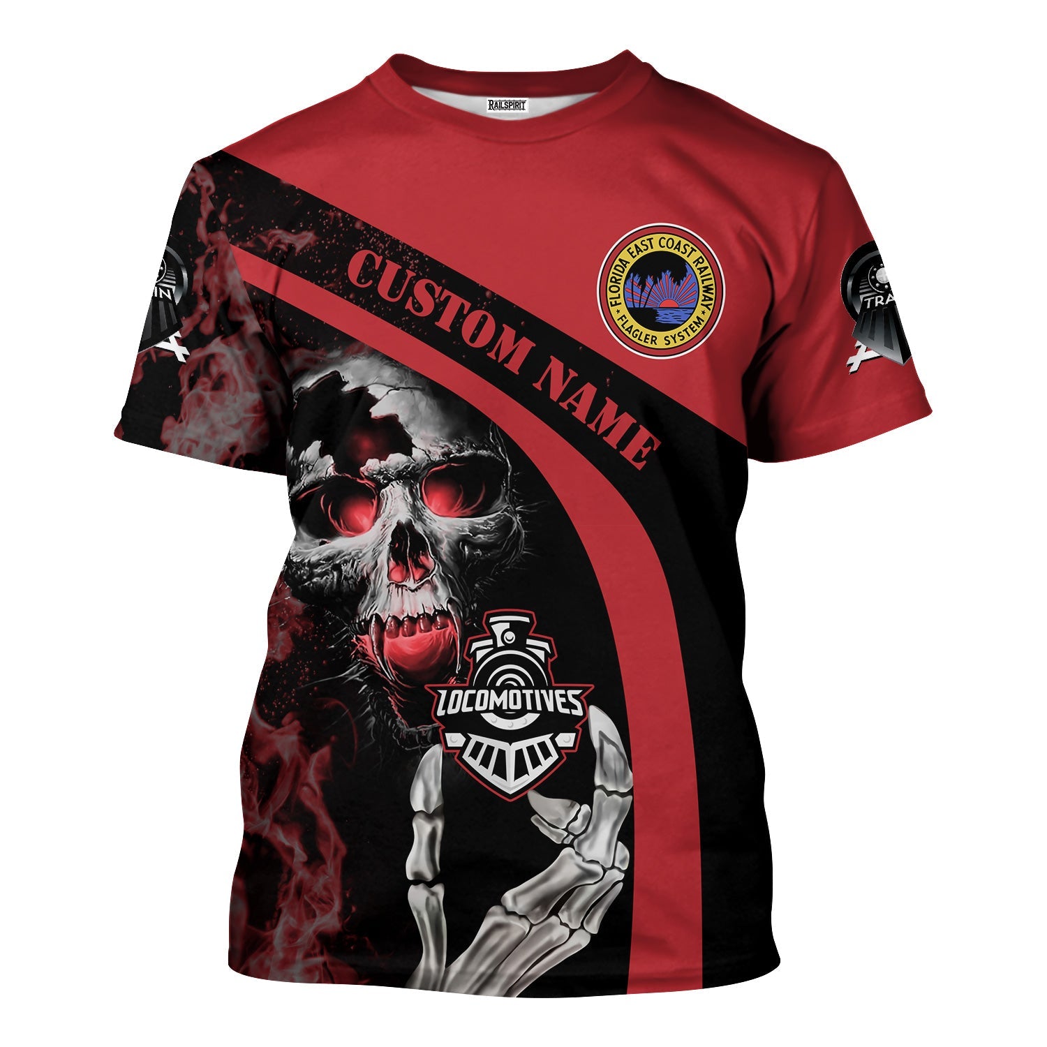 Railspirit Personalized Florida East Coast Railway T-Shirt Flame Skull Design Train Shirt for Locomotive Fans