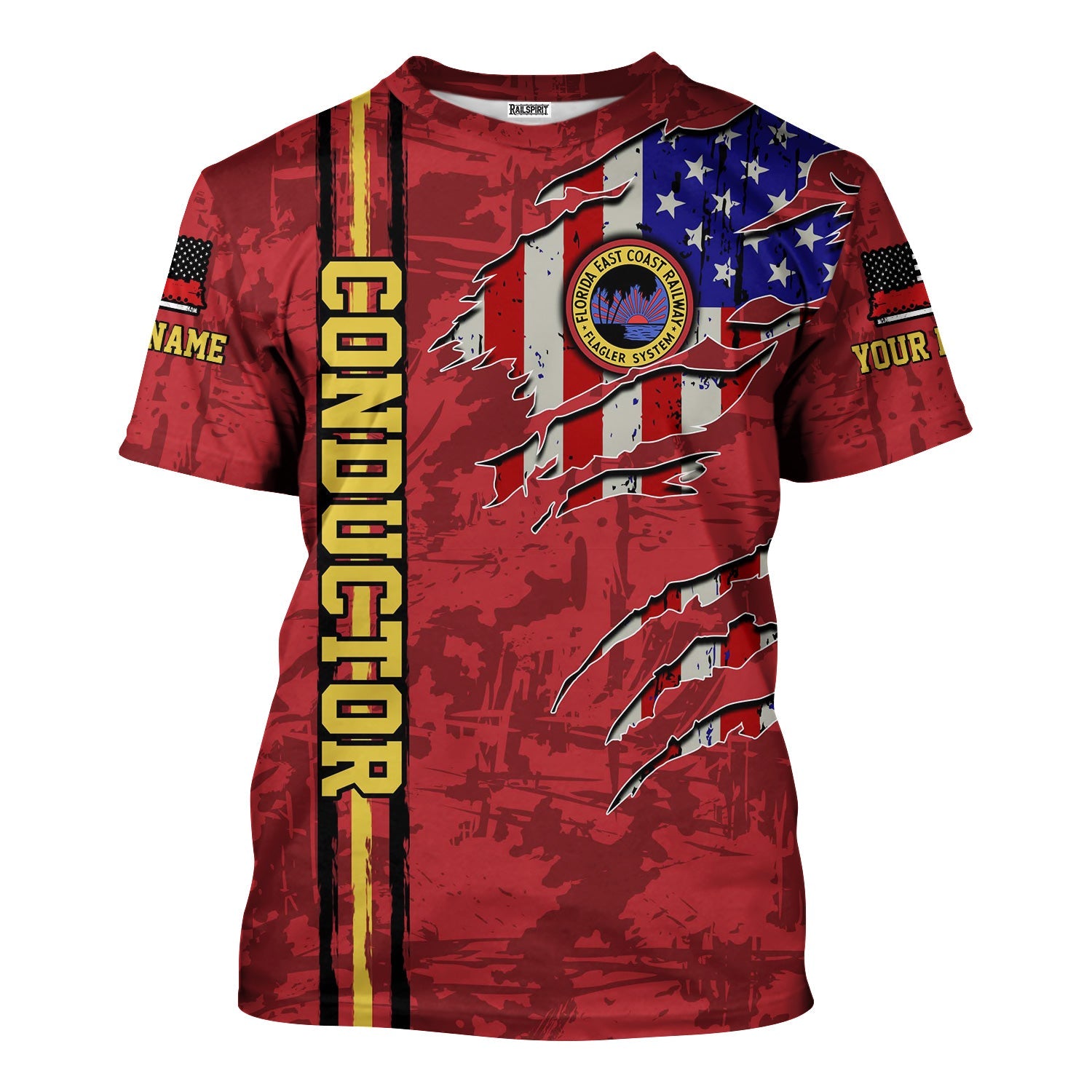 Railspirit Personalized Florida East Coast Railway T-Shirt USA Flag Claw Art with Custom Job Train Shirt