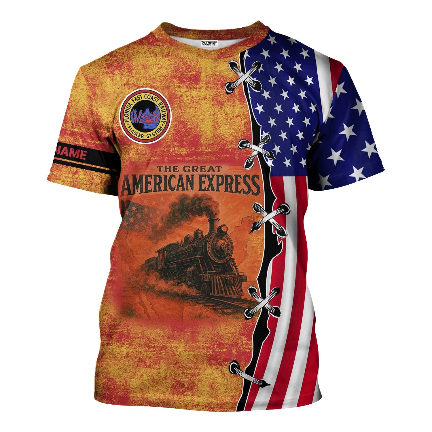 Railspirit Personalized Florida East Coast Railway T-Shirt Retro American Express Train With USA Flag Shirt