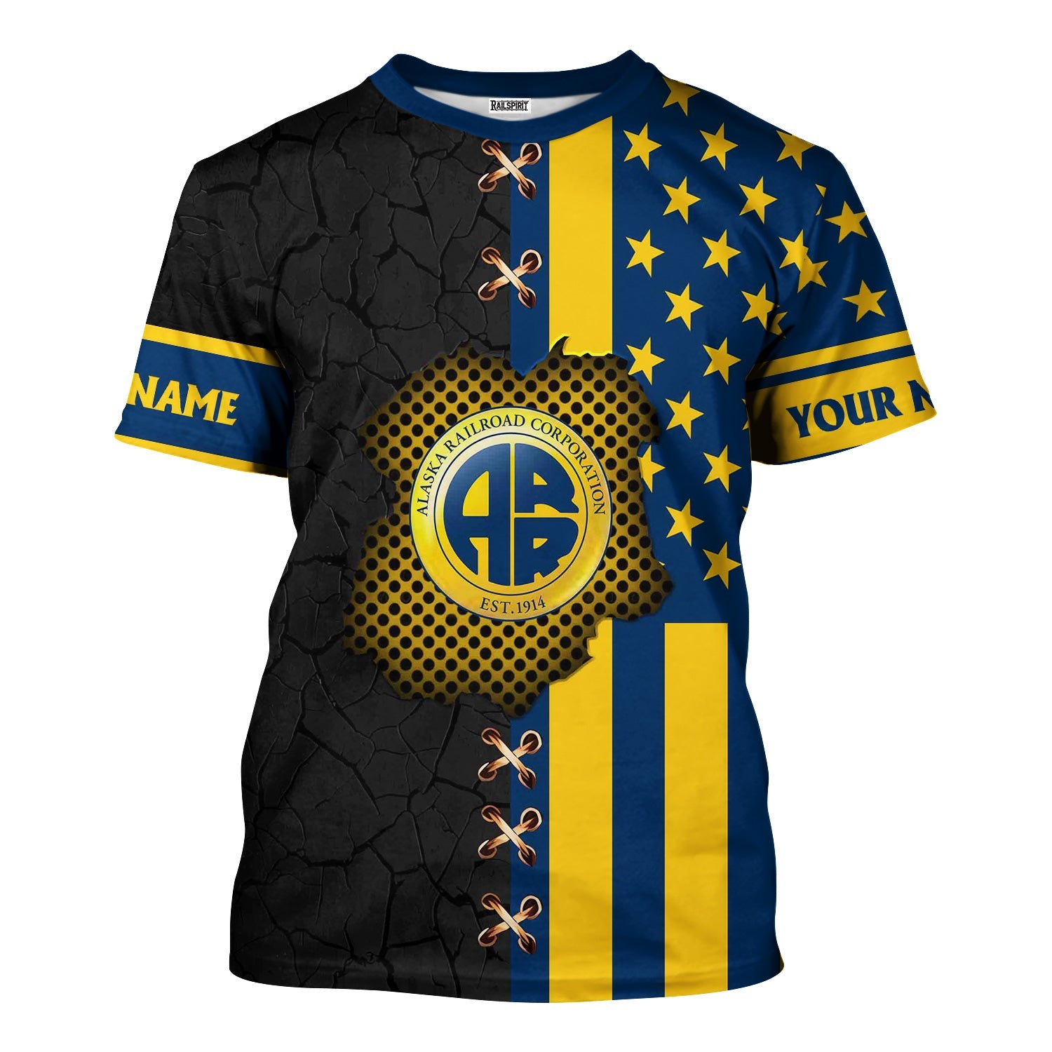 Railspirit Personalized Alaska Railroad T-Shirt American Flag with Crack Effect Train Shirt