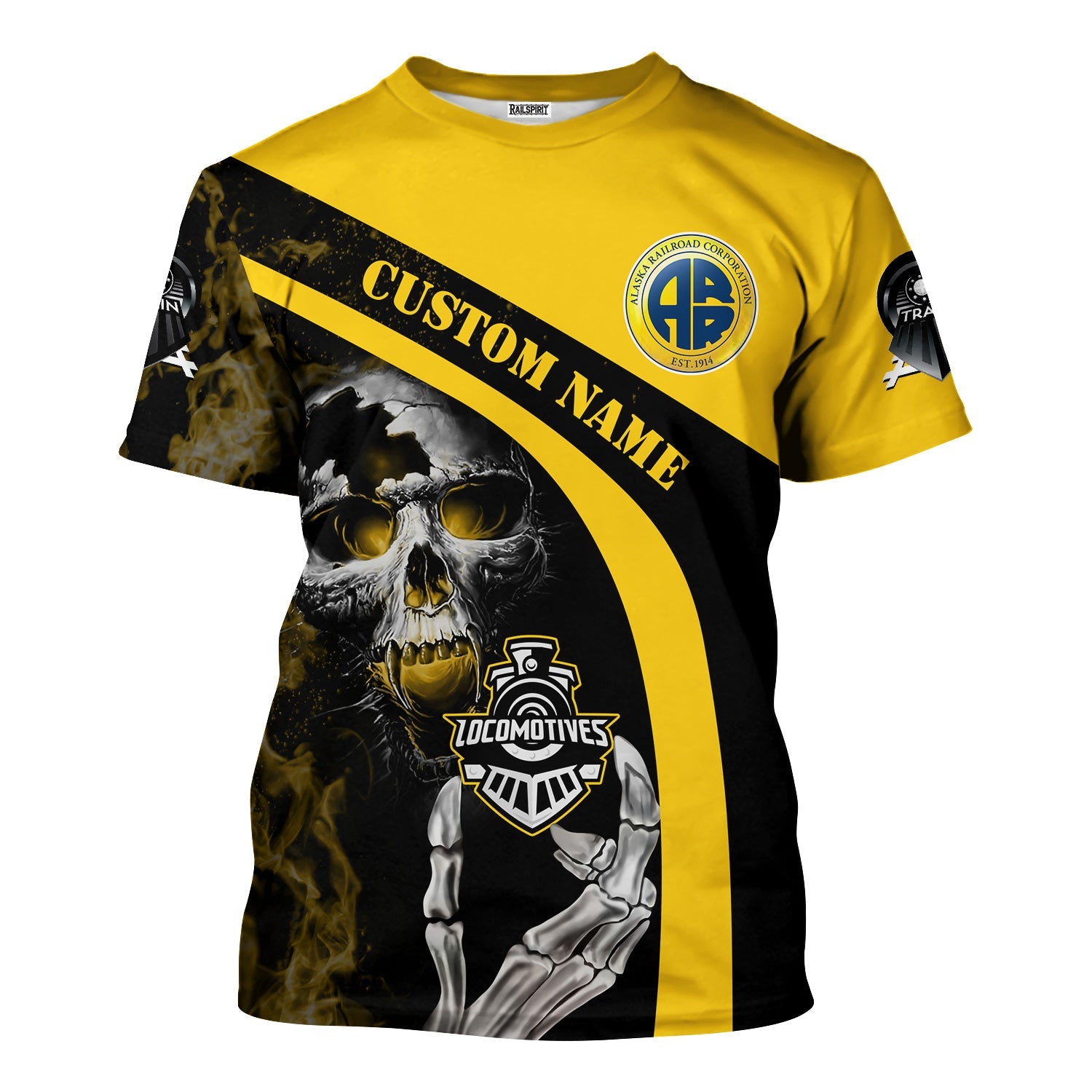 Railspirit Personalized Alaska Railroad T-Shirt Flame Skull Design Train Shirt for Locomotive Fans