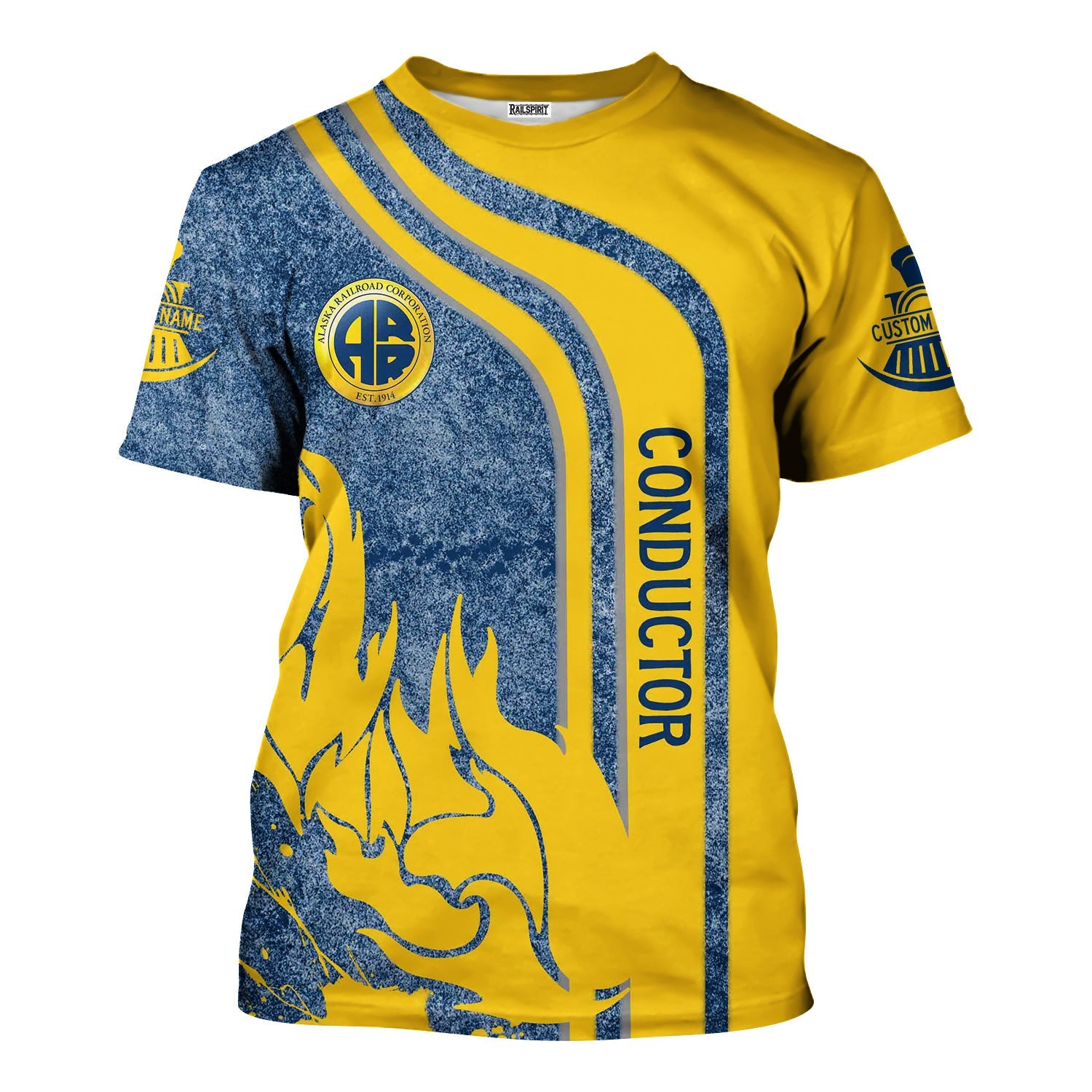 Railspirit Personalized Alaska Railroad T-Shirt Flame Design with Custom Job Position Train Shirt