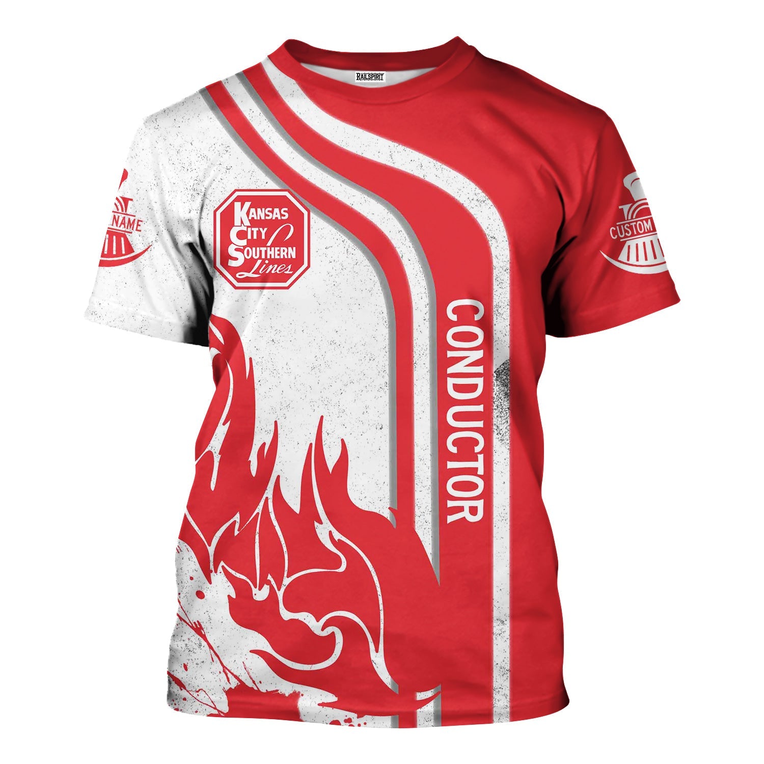 Railspirit Personalized Kansas City Southern T-Shirt Flame Design with Custom Job Position Train Shirt