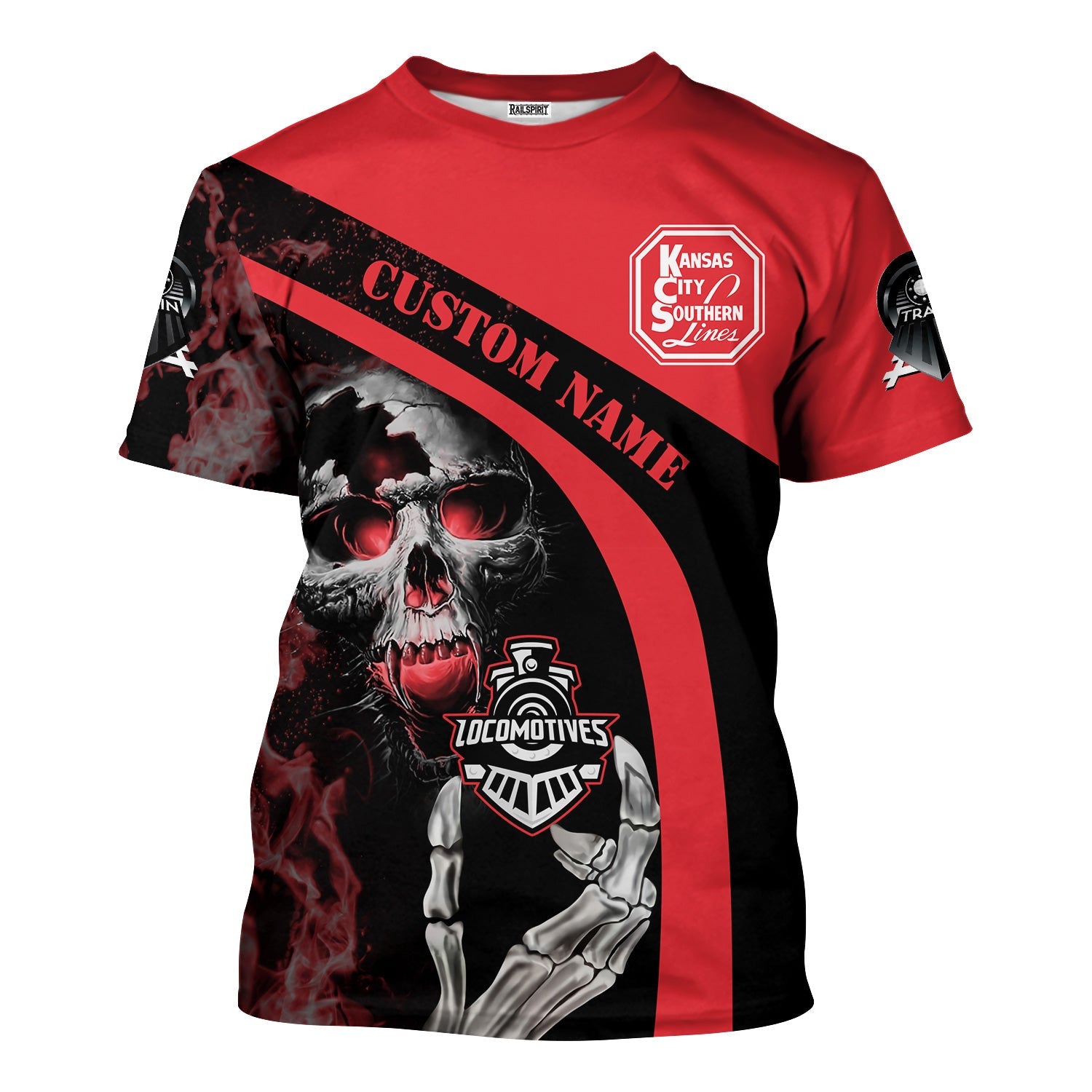 Railspirit Personalized Kansas City Southern T-Shirt Flame Skull Design Train Shirt for Locomotive Fans