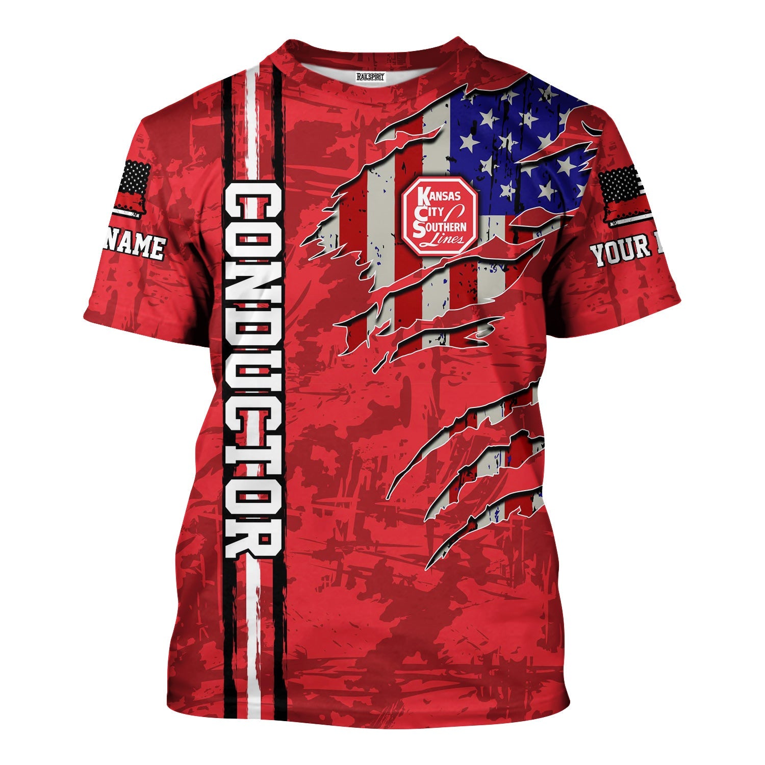 Railspirit Personalized Kansas City Southern T-Shirt USA Flag Claw Art with Custom Job Train Shirt