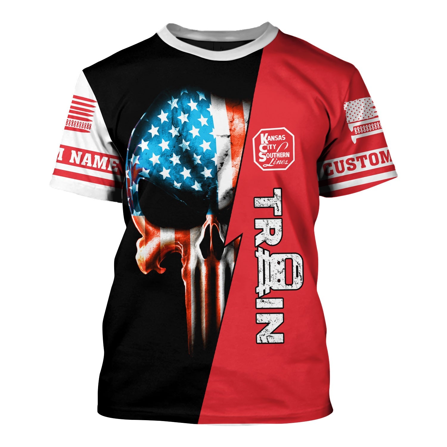 Railspirit Personalized Kansas City Southern T-Shirt Train Skull American Flag Shirt All Over Print