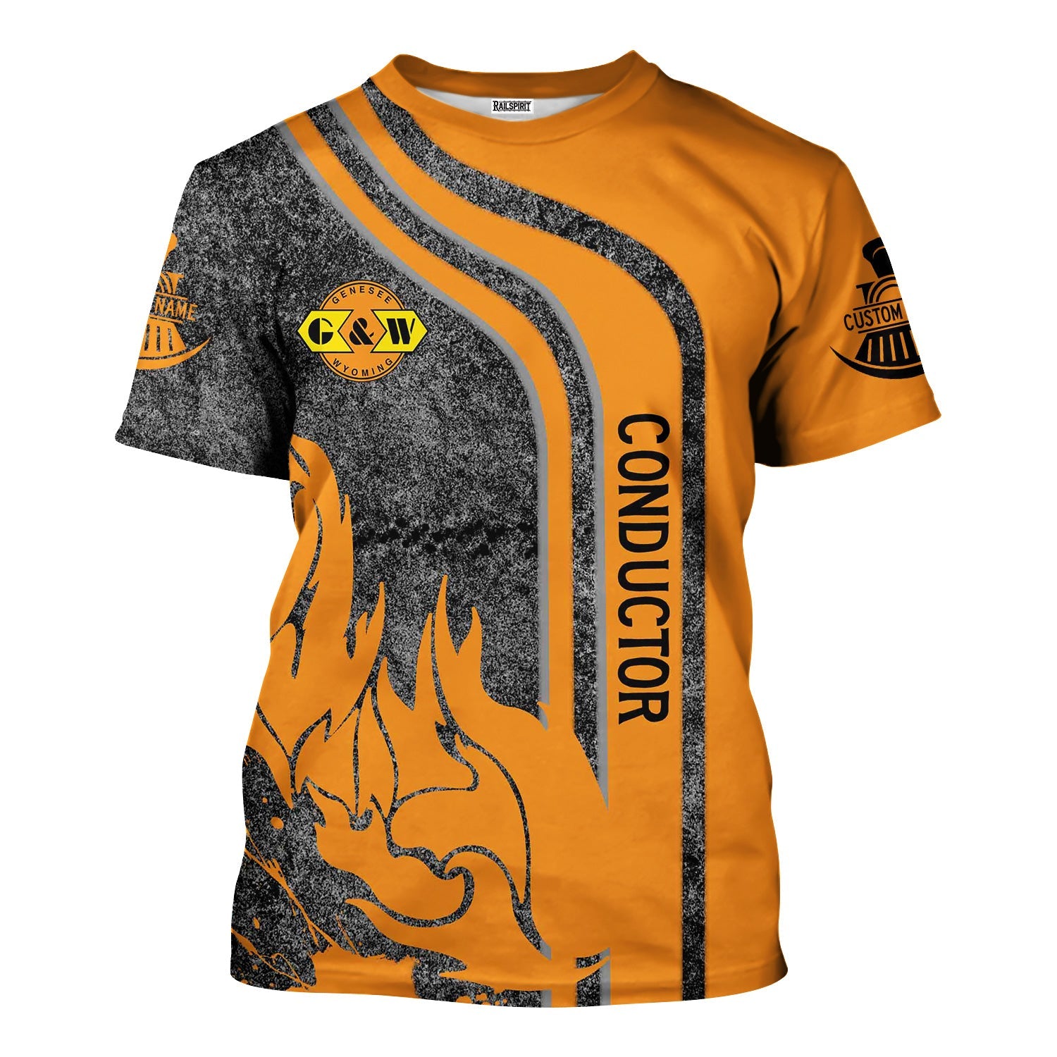 Railspirit Personalized Genesee & Wyoming Inc. Railroad T-Shirt Flame Design with Custom Job Position Train Shirt